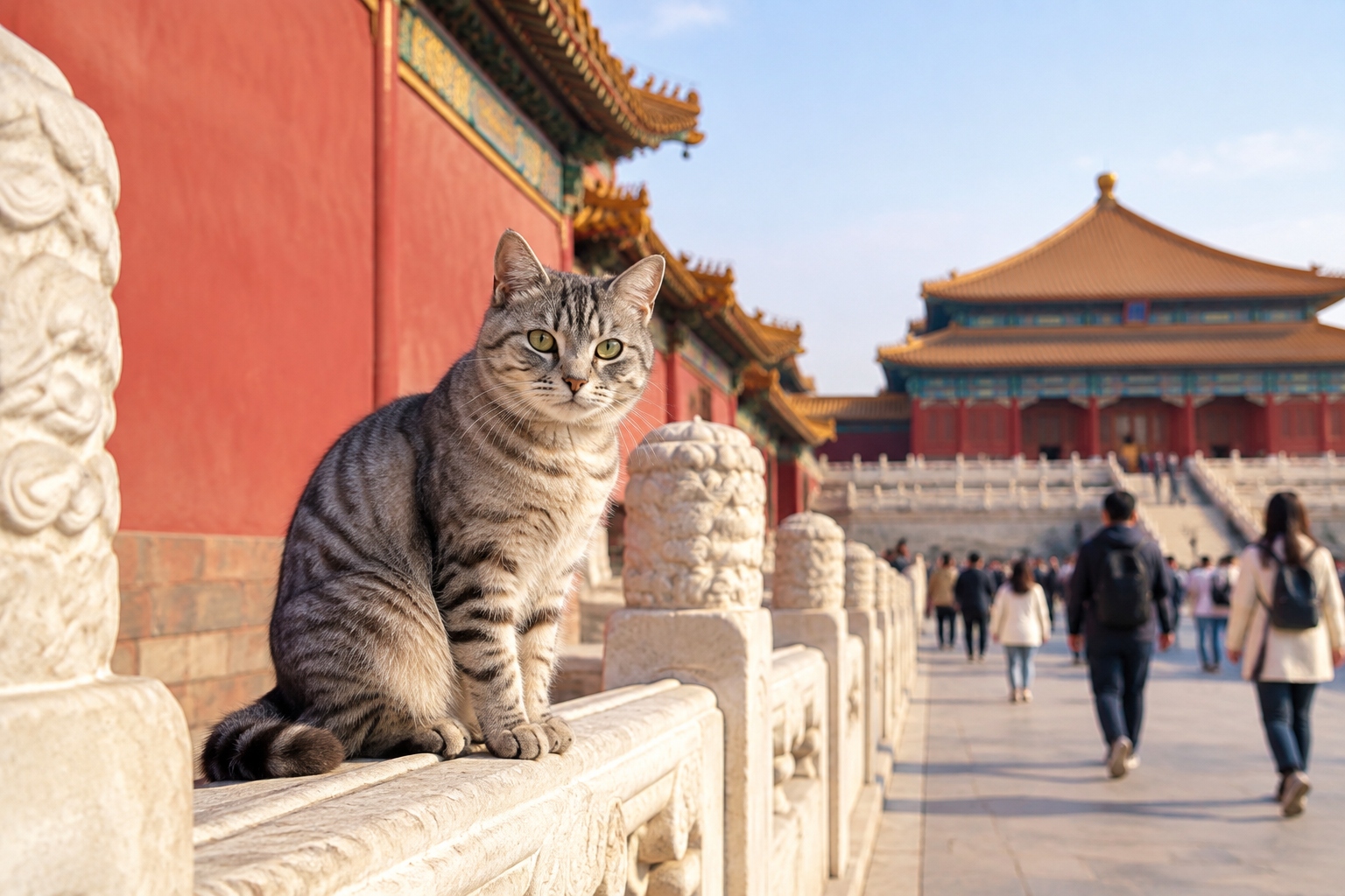 A grey tabby palace cat sitting on a sunlit stone balustrade against a red wall in the Forbidden City while visitors walk past