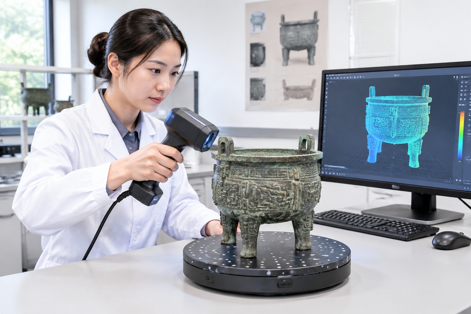 A technician in a white coat using a handheld 3D scanner to digitize an ancient Chinese bronze vessel in a museum lab