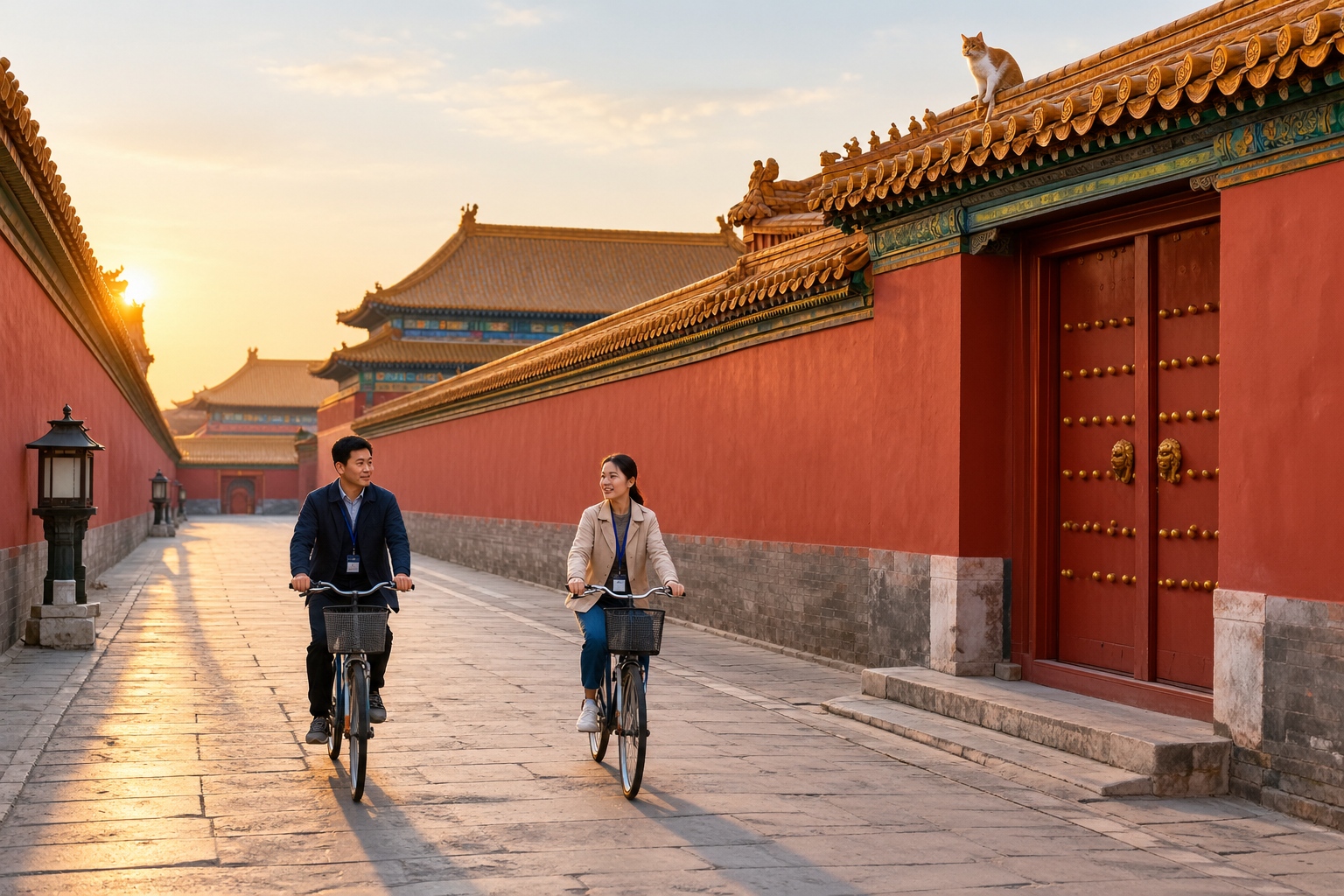 Museum staff riding bicycles through an empty lane between red walls in the Forbidden City at closing time with a cat on a roof tile above