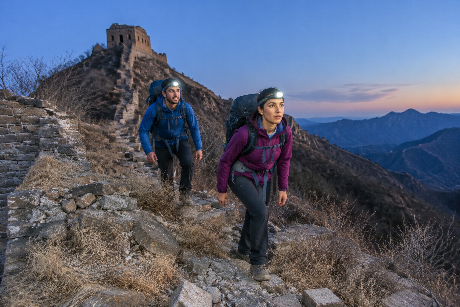 Two hikers with headlamps climbing a collapsed stone stairway on the unrestored Jiankou section of the Great Wall at dusk near Beijing.