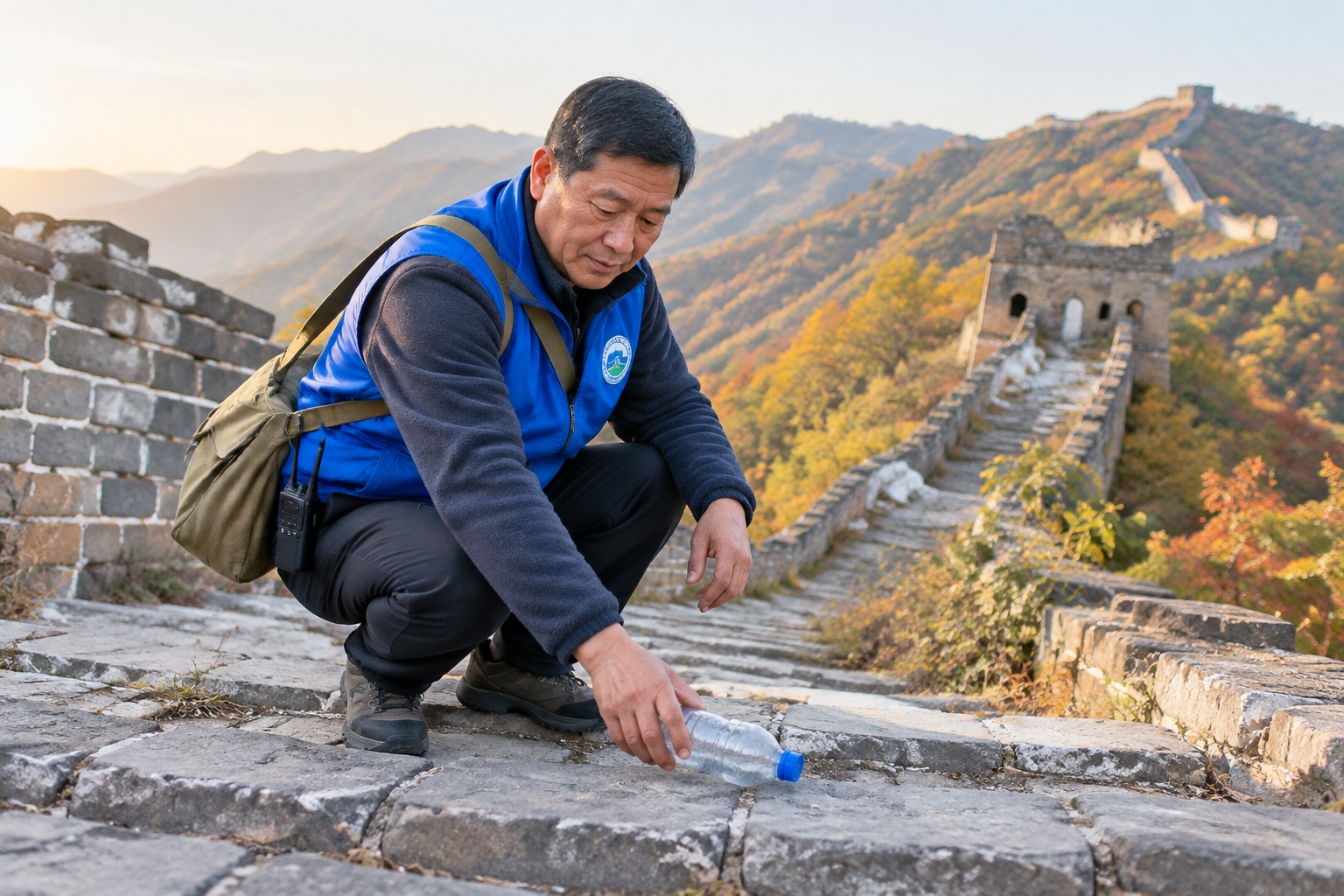 A Great Wall protection officer in a blue vest picking up litter on an unrestored stretch of the Great Wall in Huairou district, Beijing.
