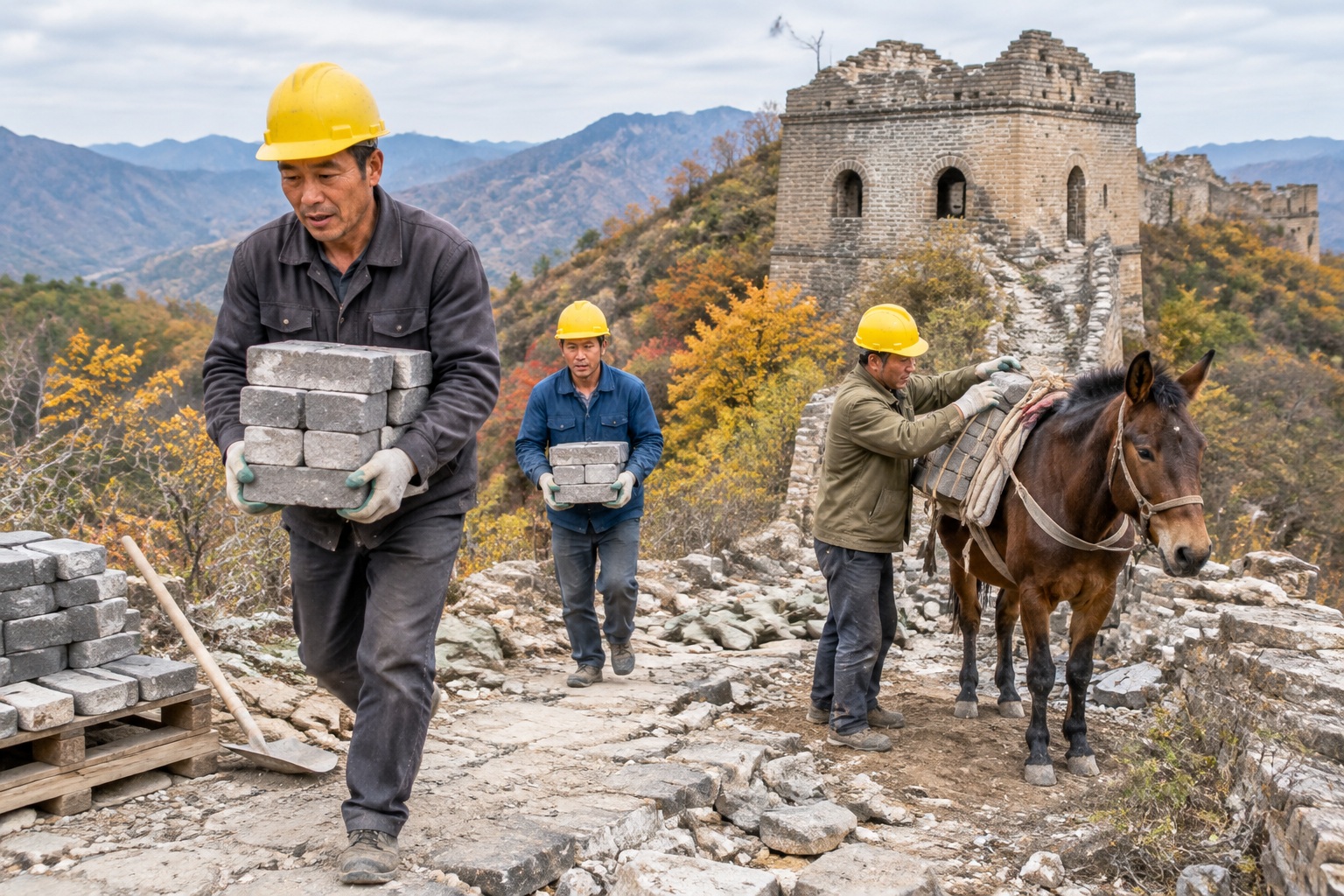 Workers carrying bricks by hand and with a mule during research-based restoration of the Jiankou Great Wall outside Beijing.