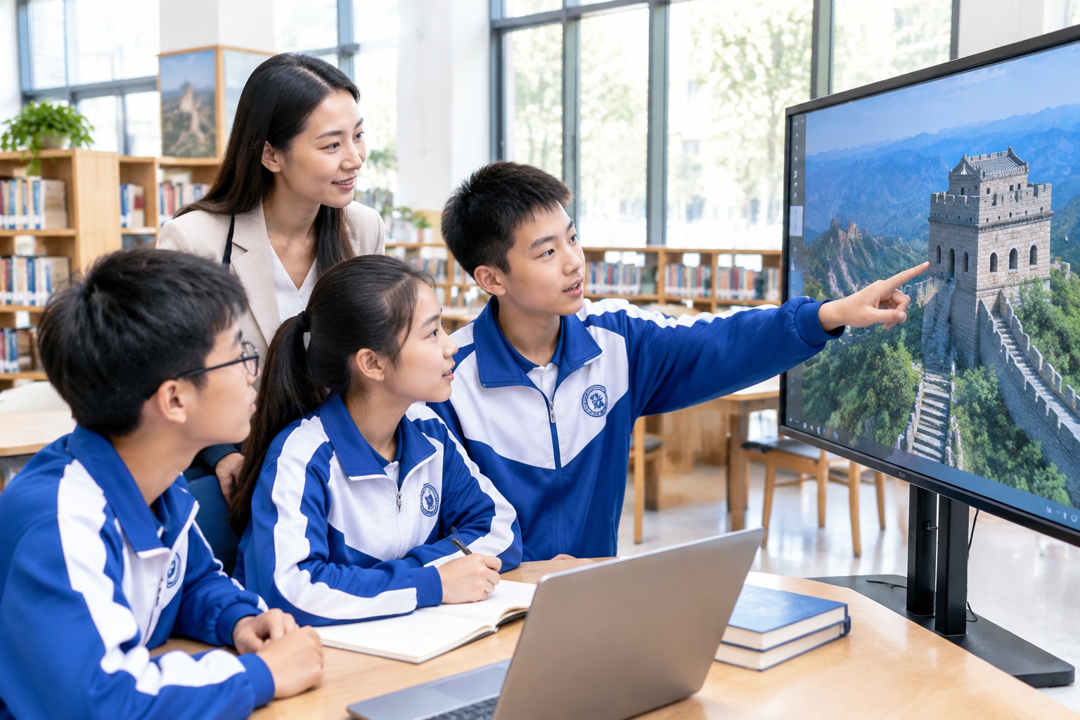 Chinese students exploring a 3D digital reconstruction of the Great Wall on a screen in a Beijing library.
