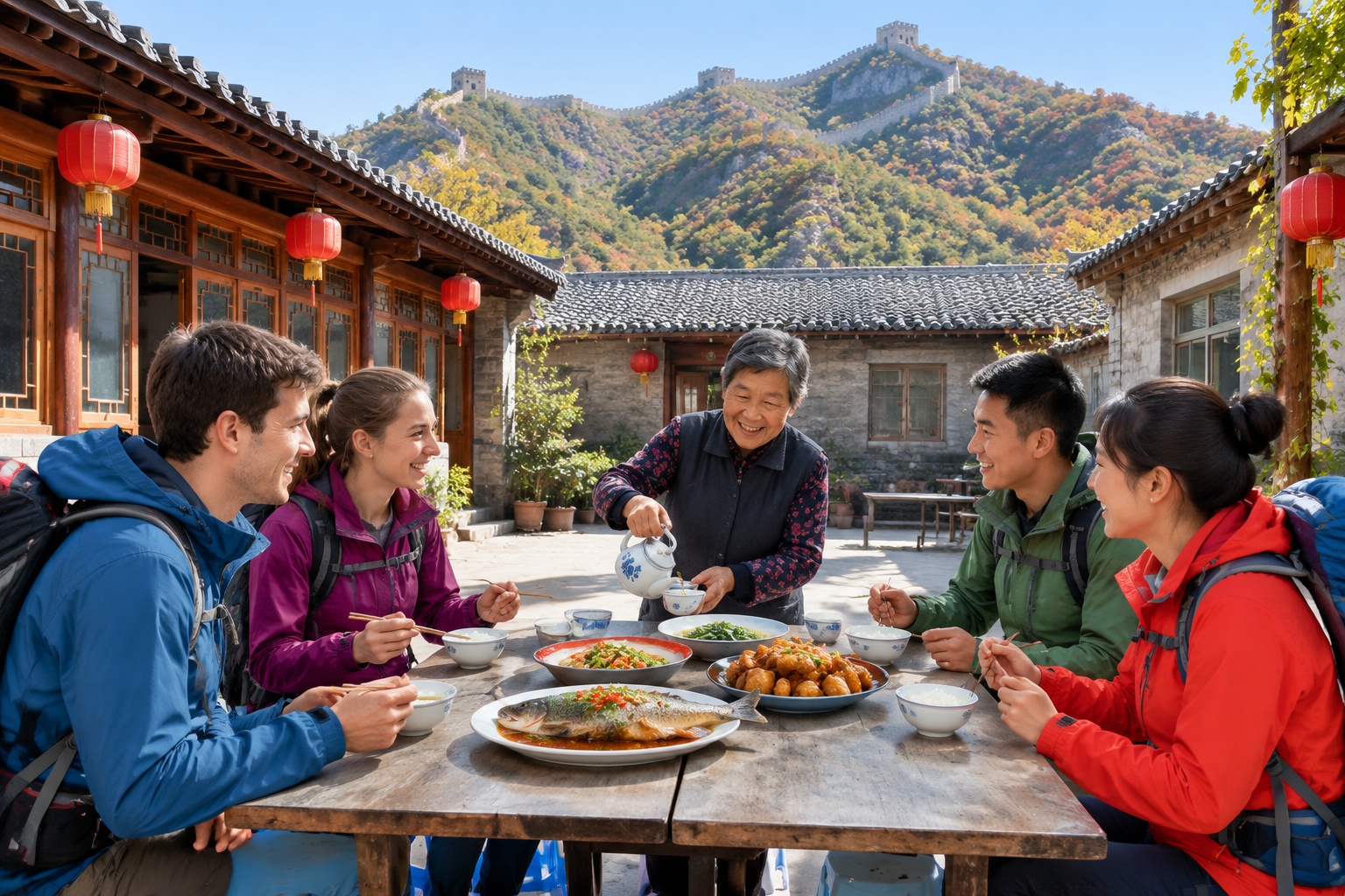 Hikers eating breakfast in a village guesthouse courtyard below the Great Wall in Xizhazi, Huairou district, Beijing.