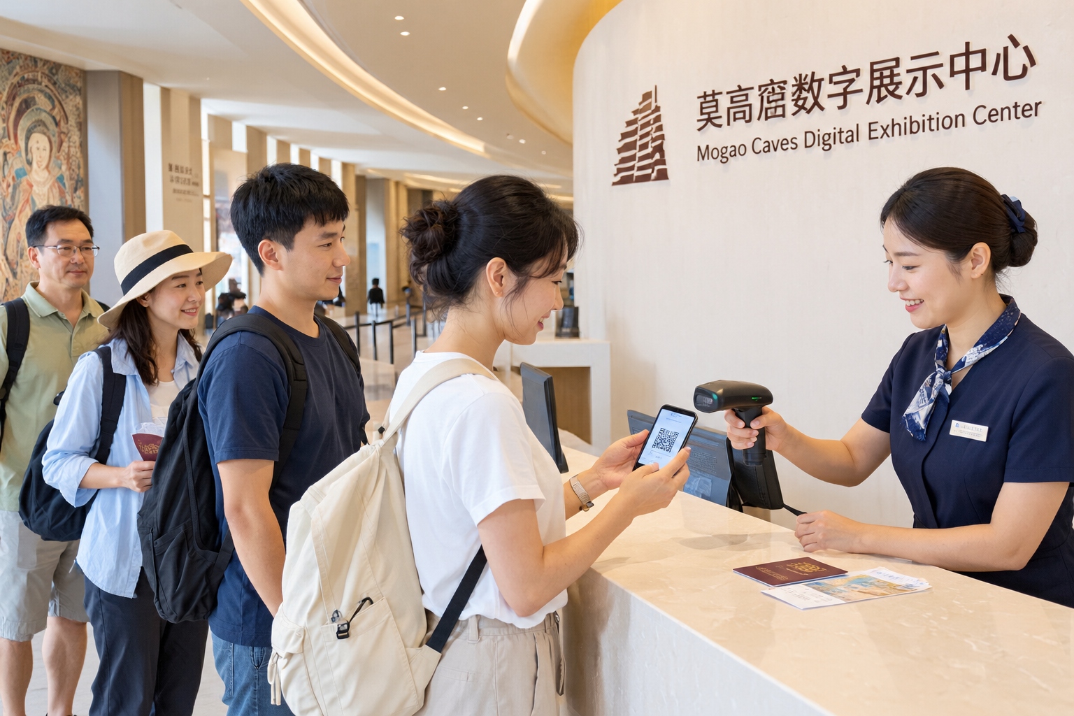 Visitors checking in with passports and QR code tickets at the Mogao Caves Digital Exhibition Center in Dunhuang before their shuttle to the caves