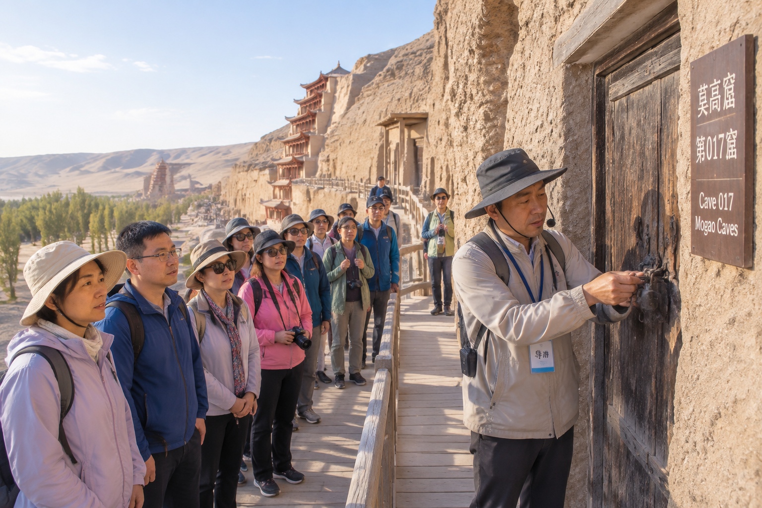 A guide unlocking a wooden cave door at Mogao Caves while a small tour group waits on the cliff walkway