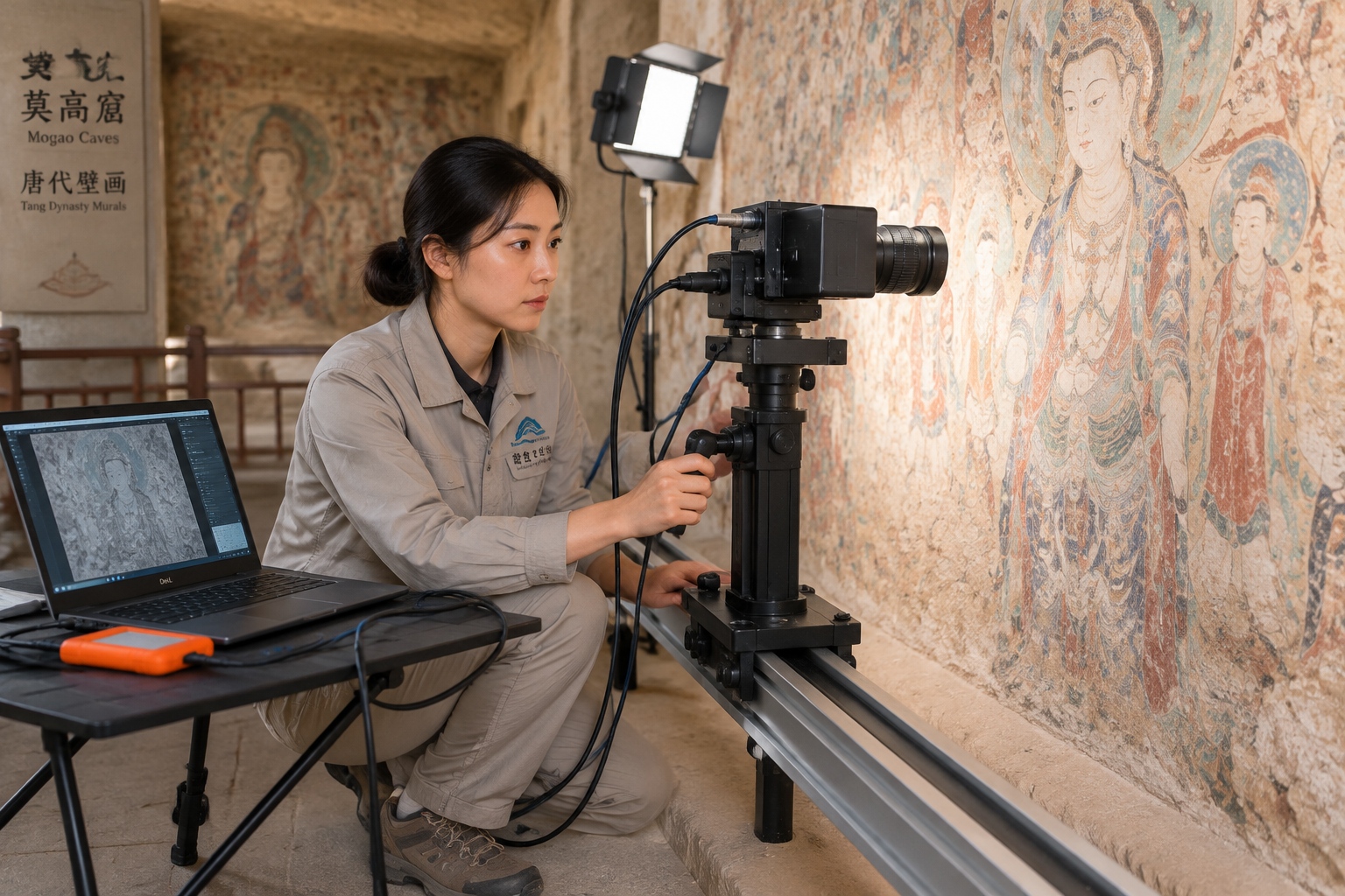 A conservation technician using a rail-mounted camera rig to digitize a mural inside a Mogao cave in Dunhuang