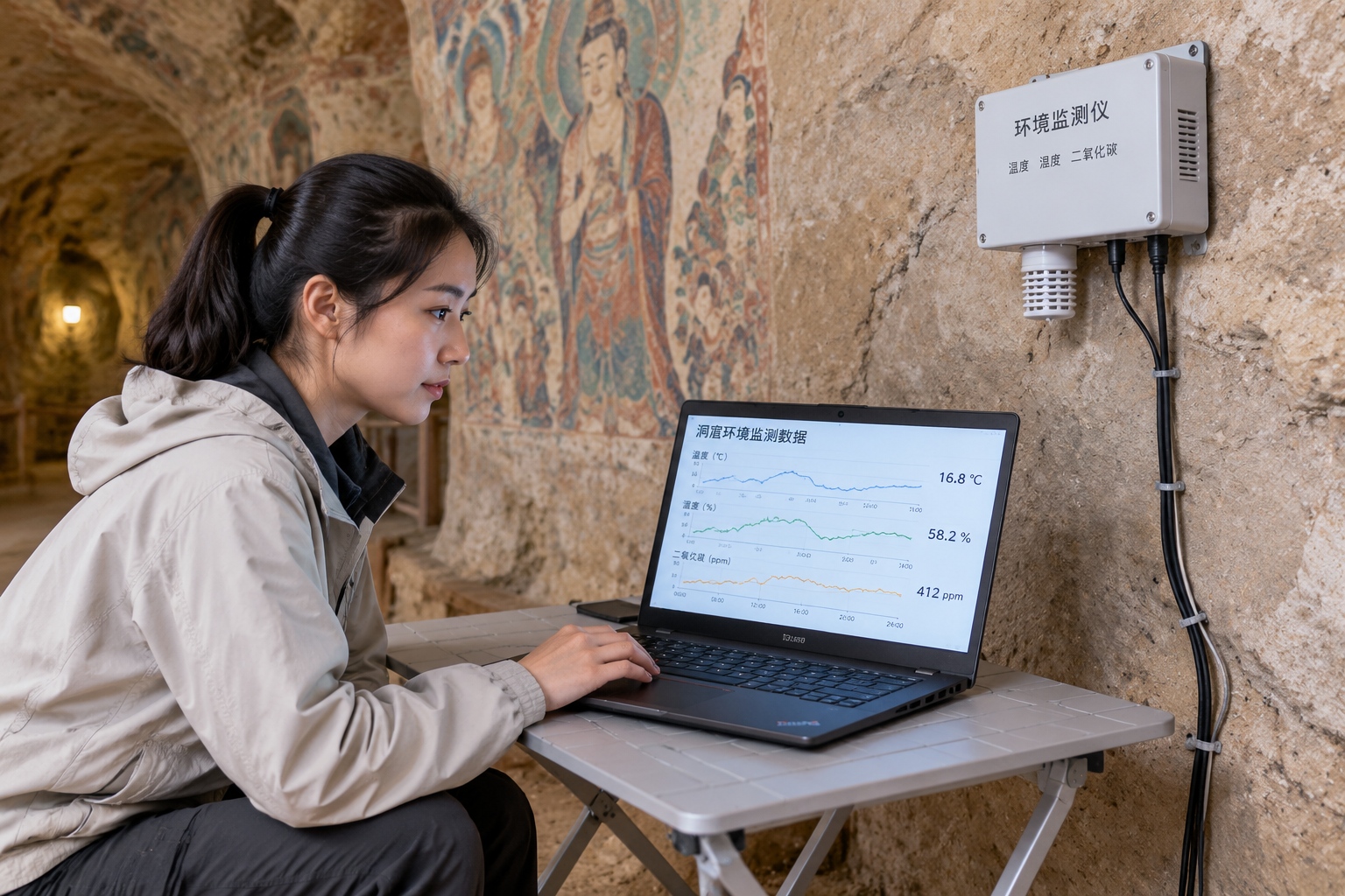 Wall-mounted sensors and a laptop displaying temperature, humidity and CO2 monitoring data inside a Mogao cave