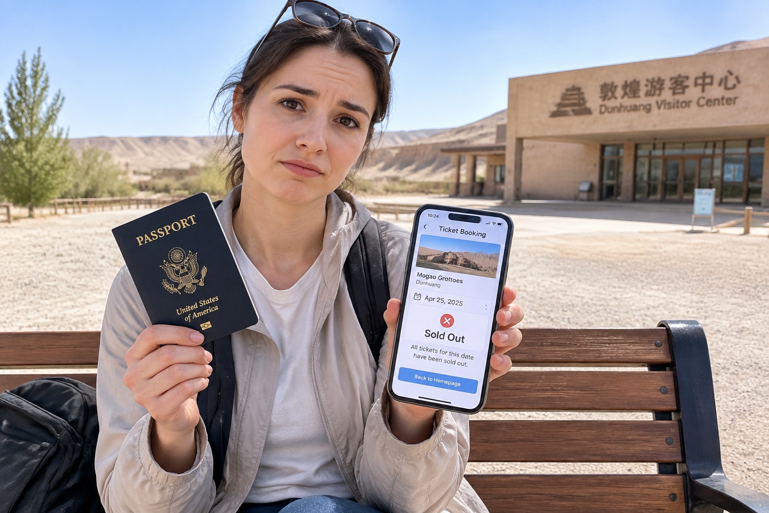 A traveler holding a passport and a phone showing a sold-out online booking page for Mogao Caves tickets near Dunhuang