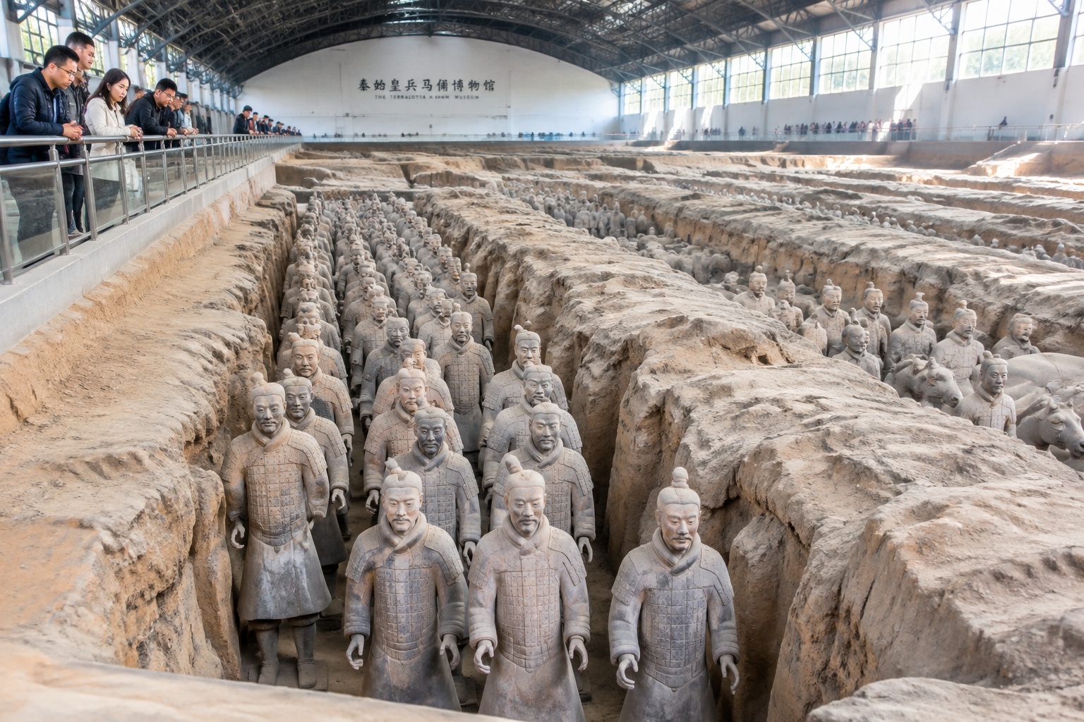 Rows of life-size terracotta warriors standing in a long excavated trench beneath a vast hangar-like museum roof in Lintong, China.