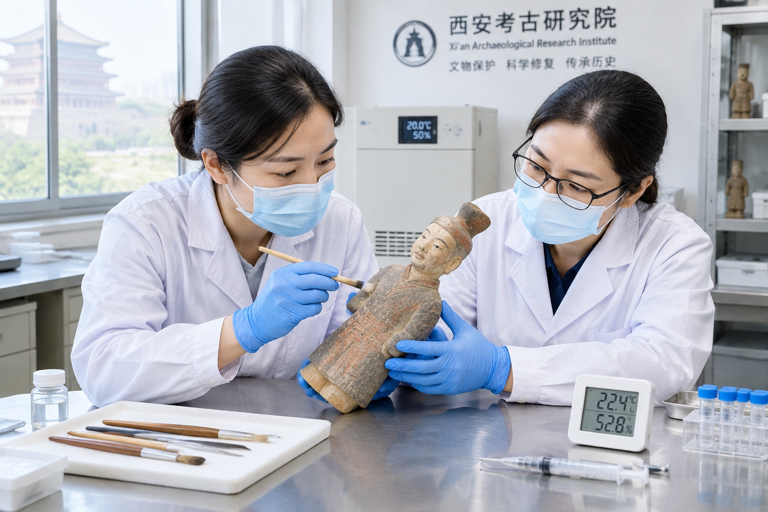Conservators in white coats and gloves treating a painted terracotta figure inside a climate-controlled archaeological laboratory in Xi'an, China.