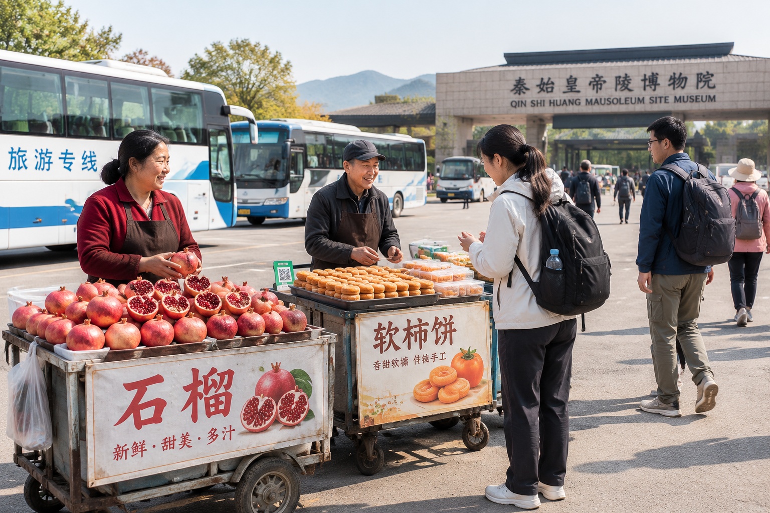 Street vendors selling pomegranates and persimmon cakes from carts outside the mausoleum museum car park in Lintong, China.