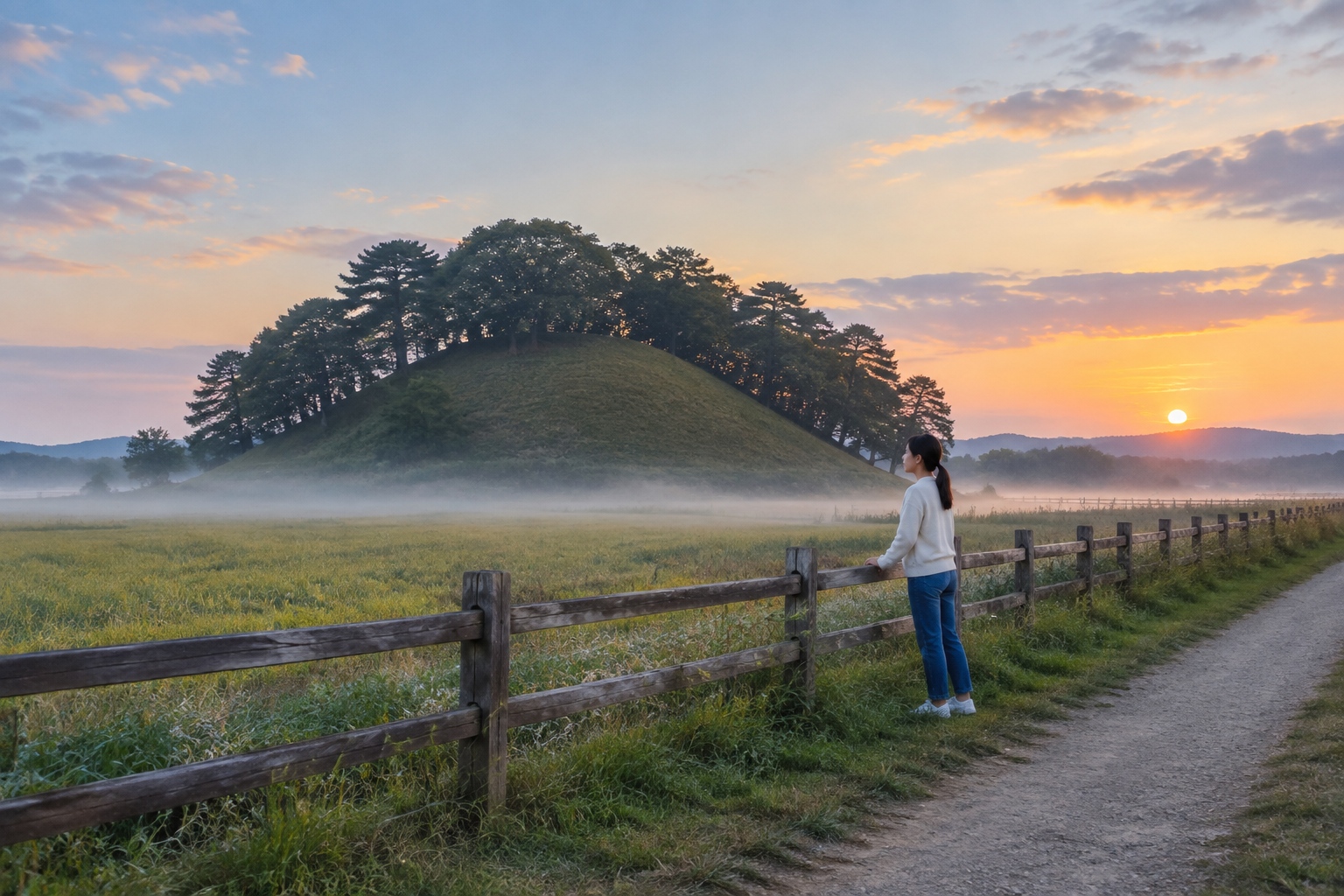 The tree-covered mound of Qin Shi Huang's tomb seen at dusk from a farm path near Xi'an, China.