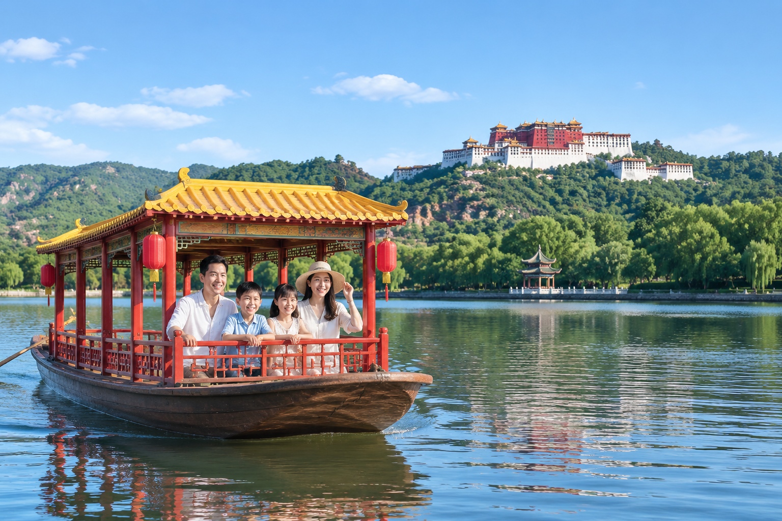 Family boating on the lake at Chengde Mountain Resort with traditional pavilions and hills in the background.