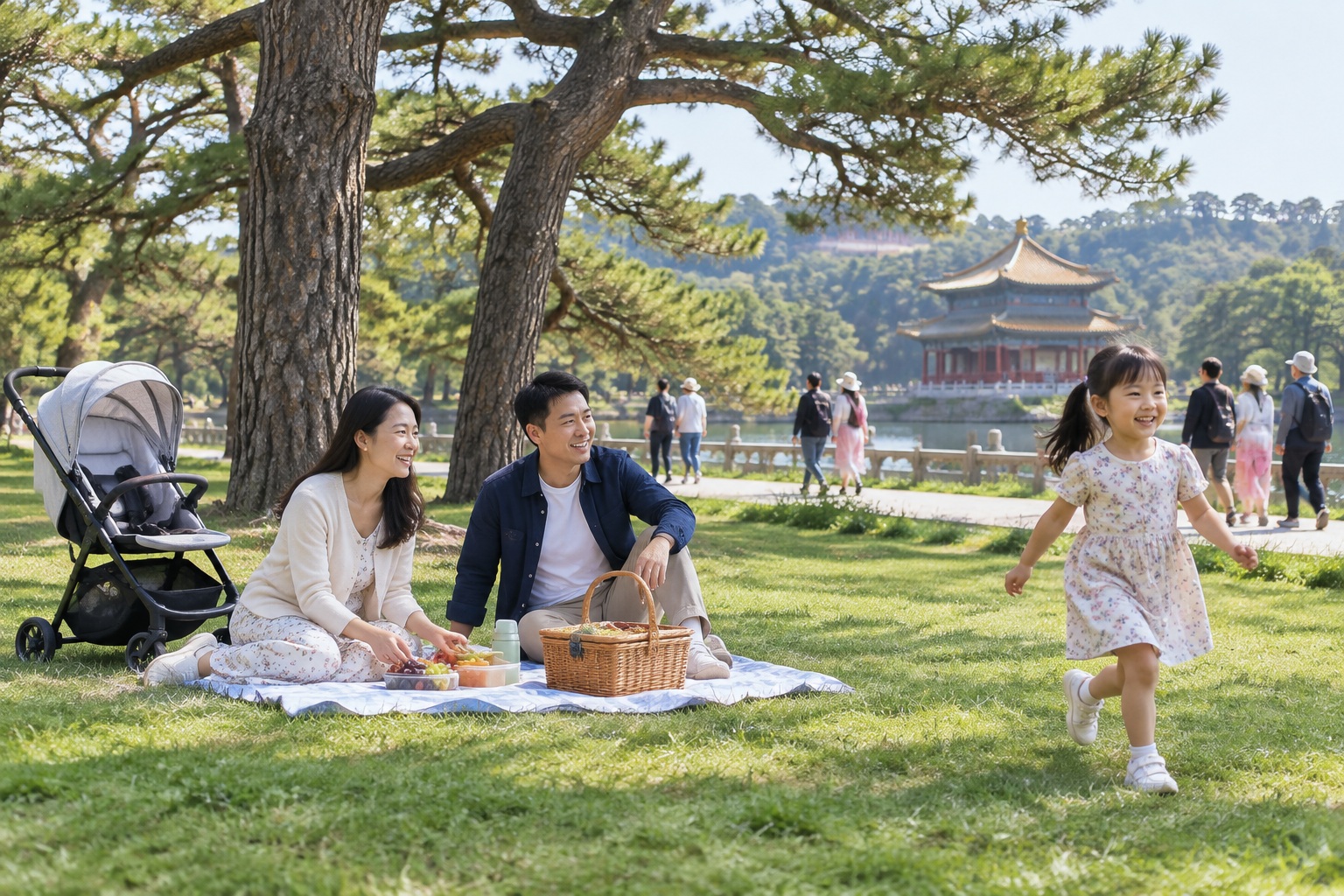 Chinese family enjoying a picnic under trees at Chengde Mountain Resort.