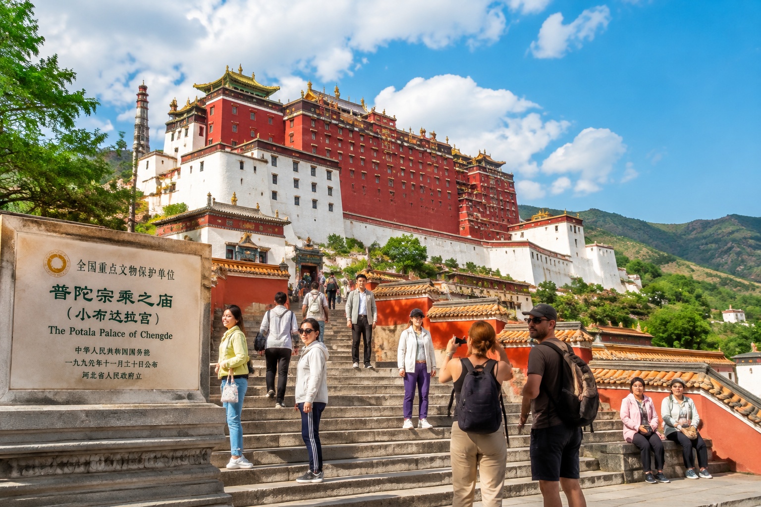 Visitors climbing the steps of the Little Potala Palace in Chengde.
