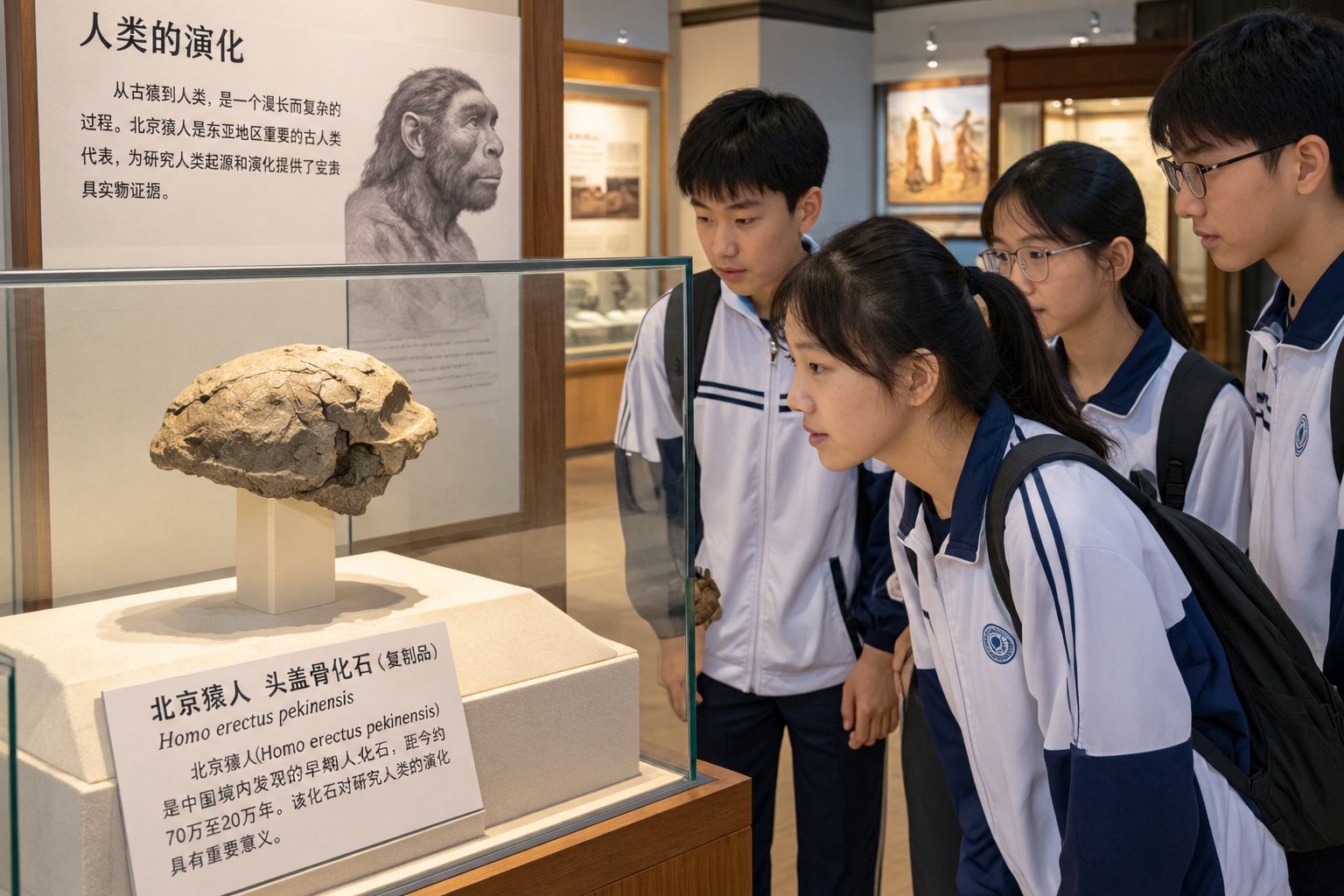 Plaster cast of a Peking Man Homo erectus skullcap on display in the Zhoukoudian site museum in Beijing, with a Chinese school group in the background