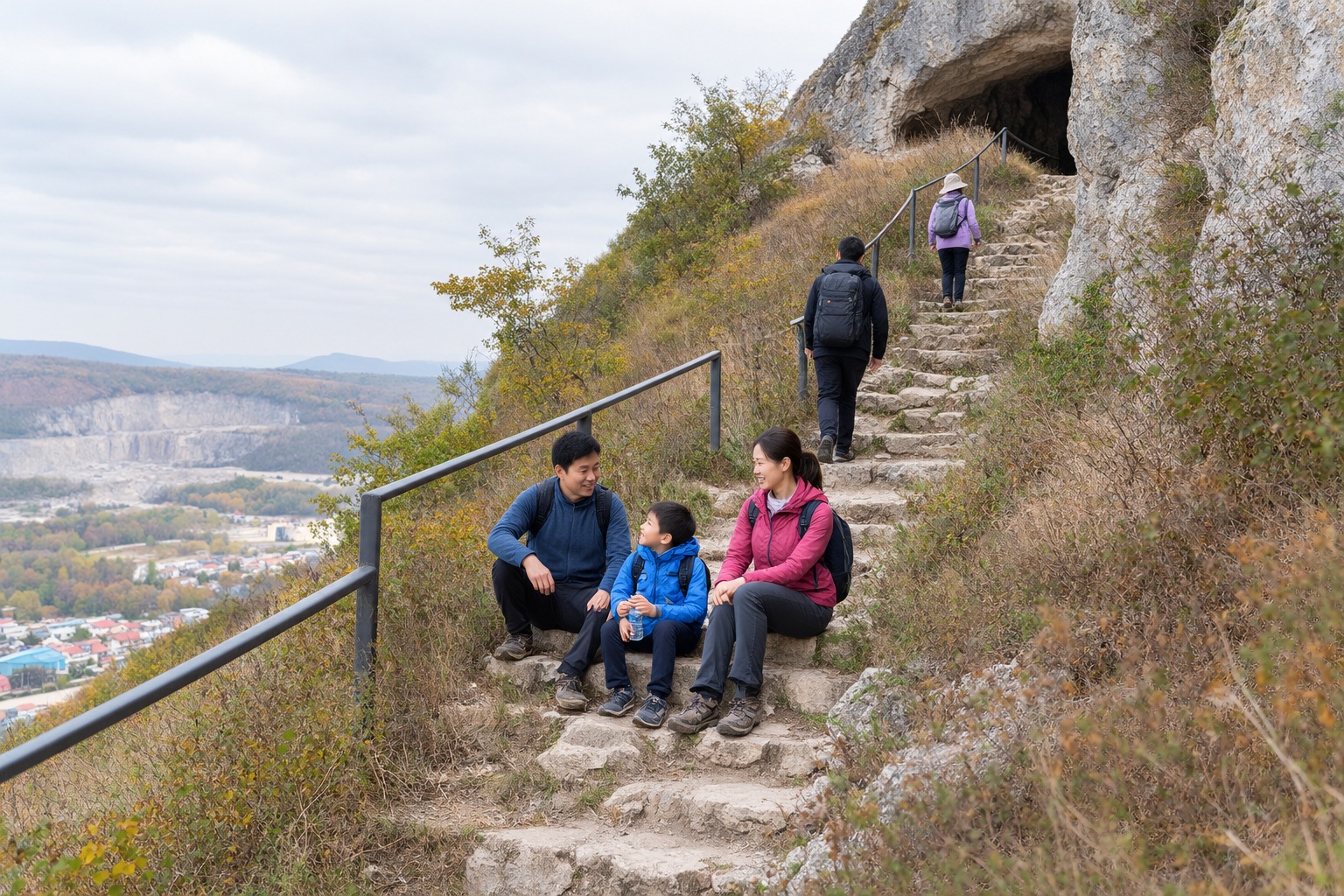 Visitors climbing stone steps up a limestone hillside to the Upper Cave at the Zhoukoudian Peking Man site near Beijing