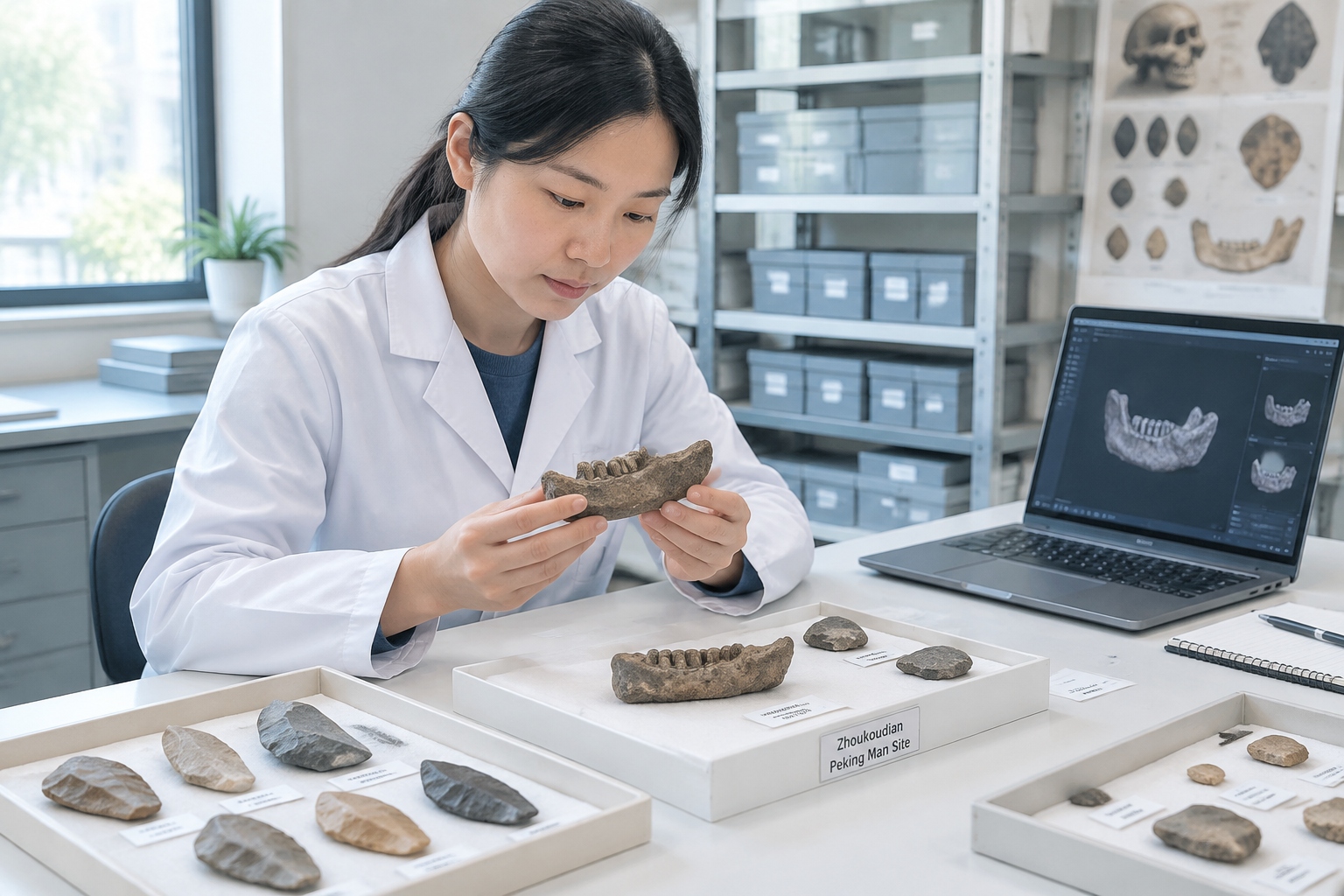 Researcher examining stone tools and fossil fragments from the Zhoukoudian collection in a Chinese museum research room