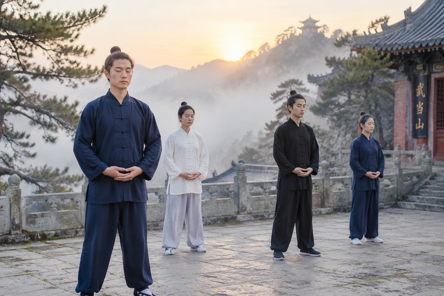 Learning Tai Chi on Wudang Mountain: What Can You Learn in a Week? 22 Students practicing standing meditation in a misty courtyard on Wudang Mountain at sunrise