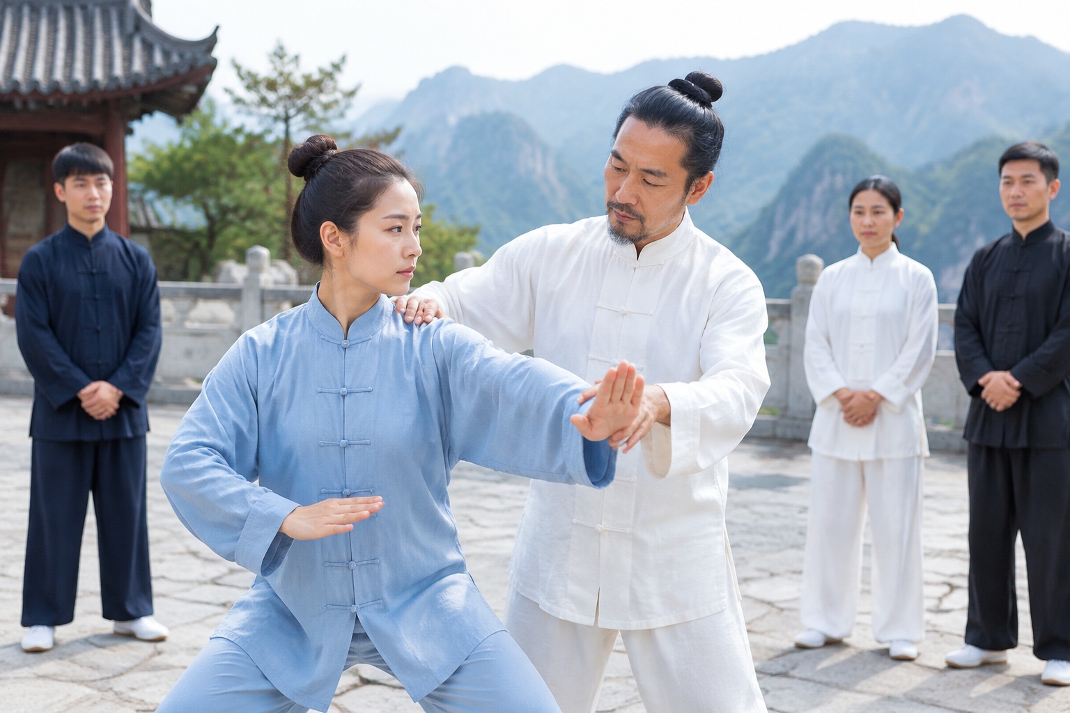 Learning Tai Chi on Wudang Mountain: What Can You Learn in a Week? 23 Tai Chi teacher adjusting a student's arm during morning practice on Wudang Mountain