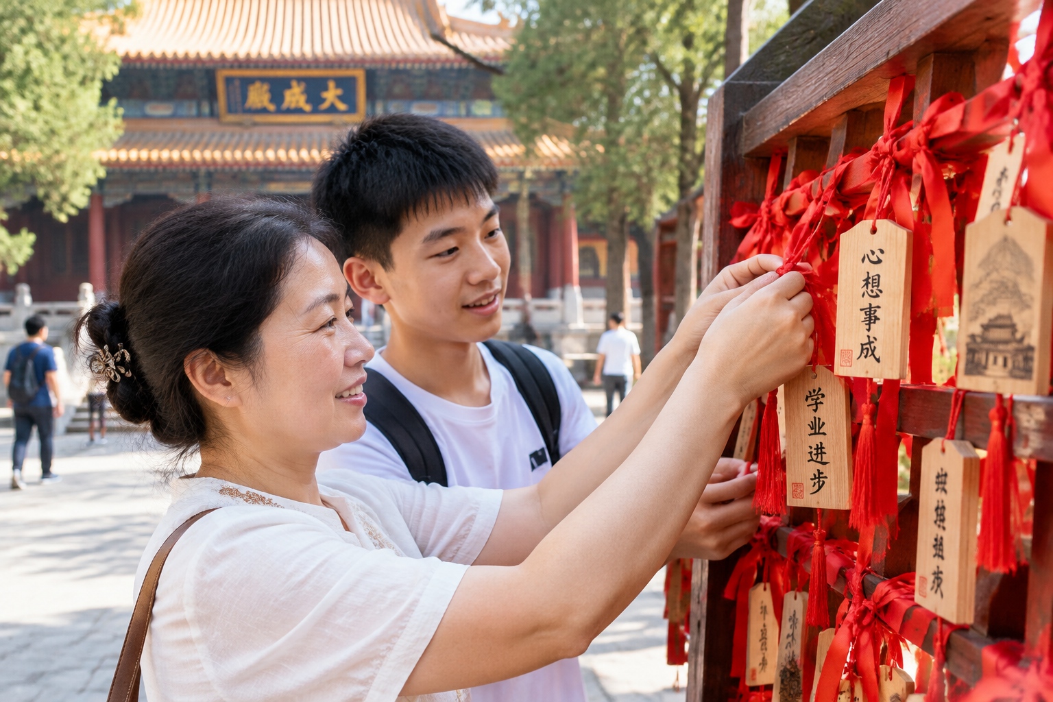 A mother and her teenage son tie a red wishing ribbon onto a wooden rack at the Temple of Confucius in Qufu, China, surrounded by hundreds of similar plaques.