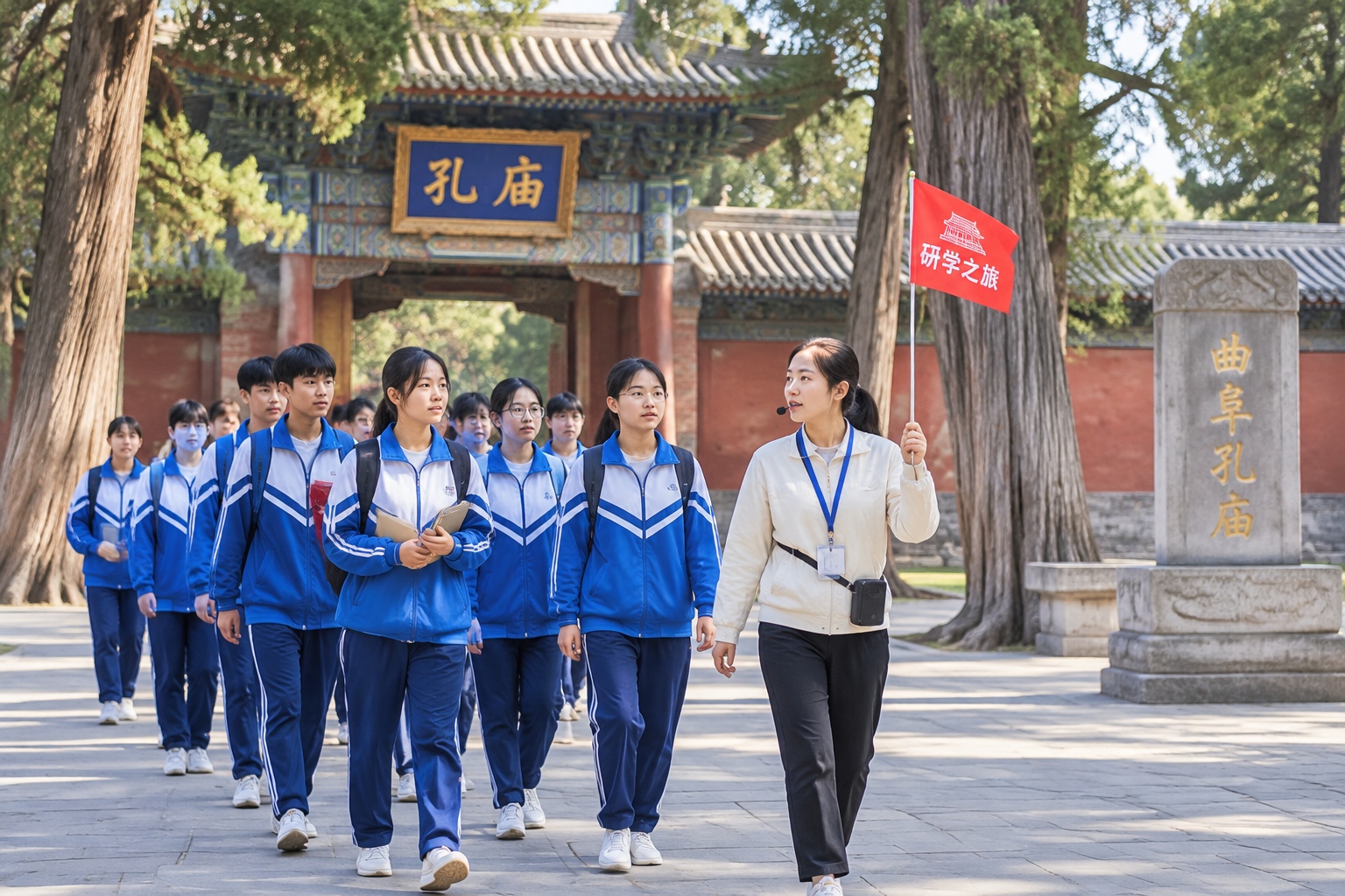 A Chinese middle school study group in matching tracksuits walks through the Temple of Confucius in Qufu during a school trip.