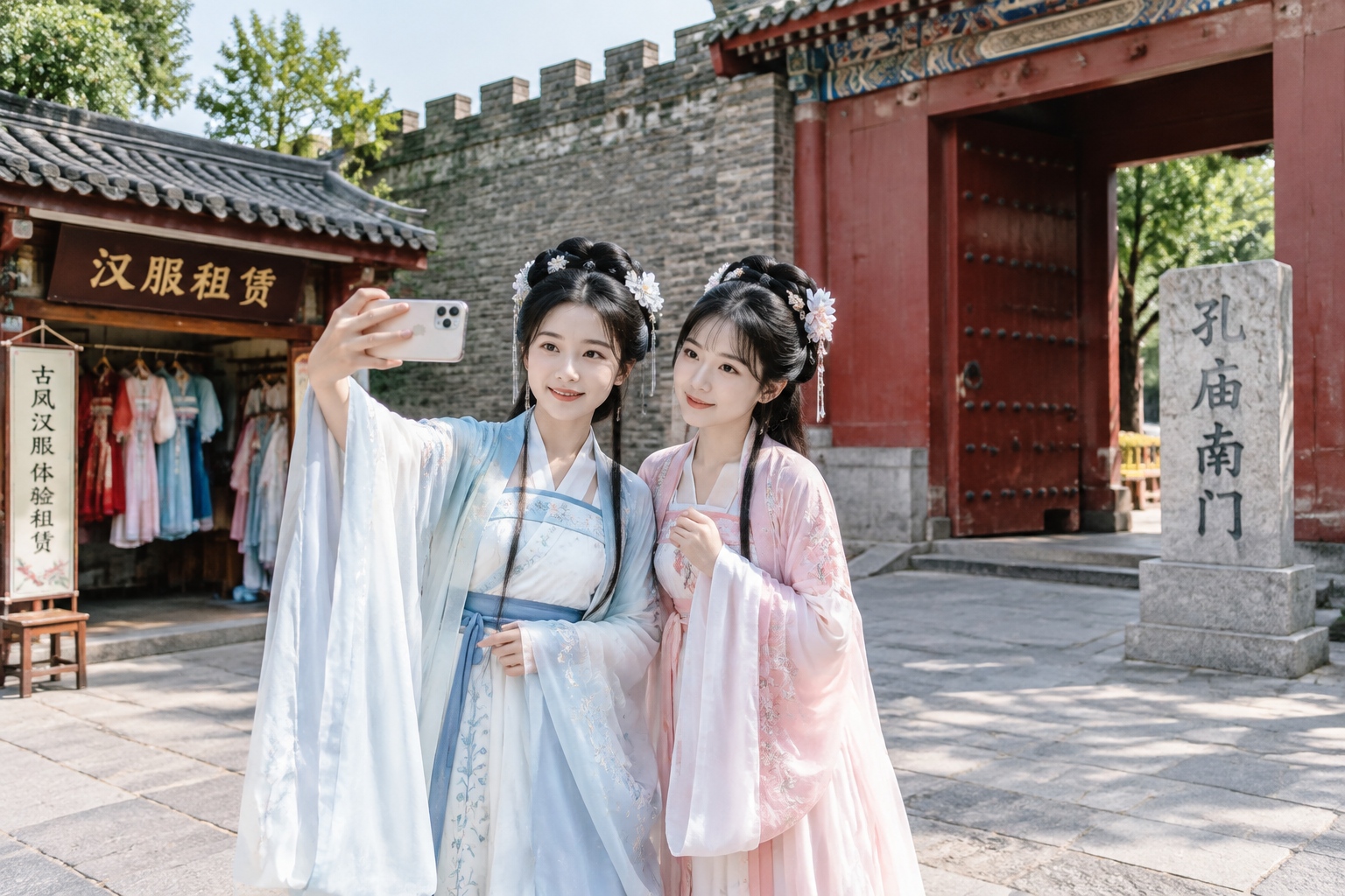 Two young women in rented hanfu take photos outside the south gate of the Temple of Confucius in Qufu, China.