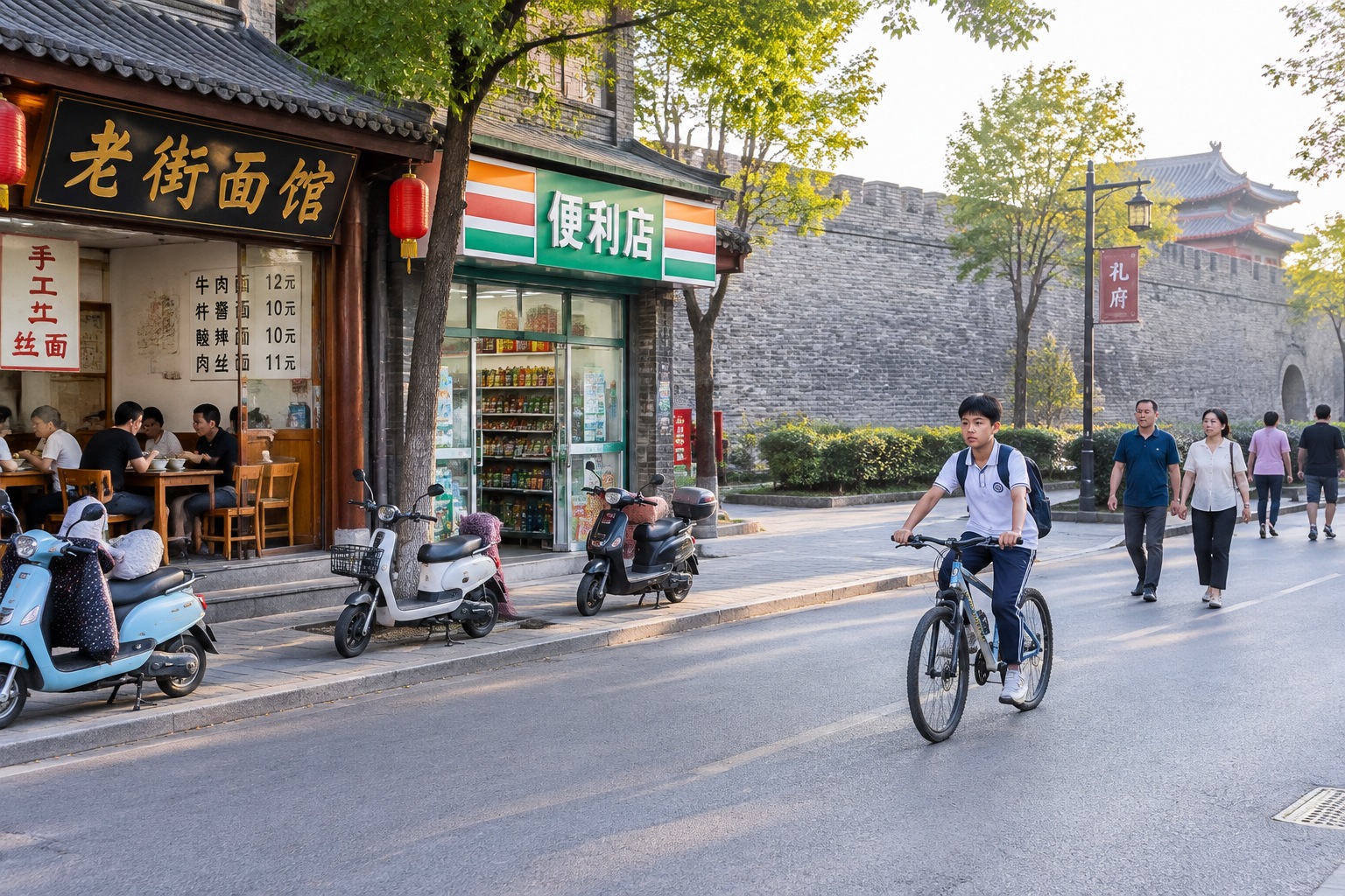 An ordinary street scene outside the Temple of Confucius in Qufu, China, with noodle shops, parked scooters, and local residents going about their day.