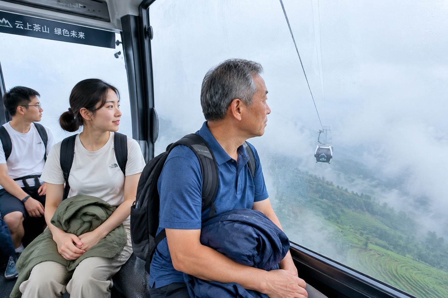 Passengers inside a cable car emerging from cloud on the way up Mount Lu, Jiangxi, China