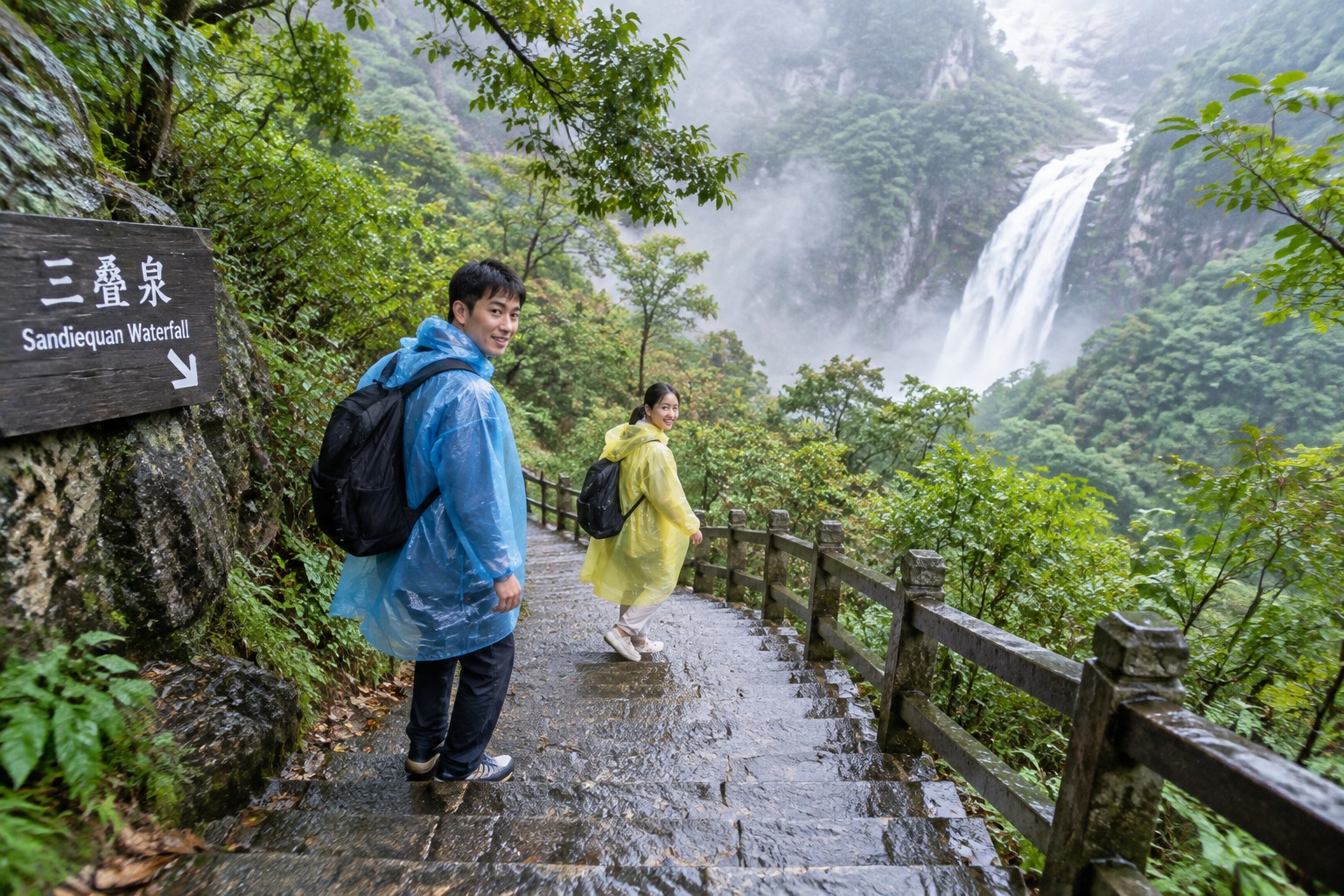 Hikers in rain ponchos descending wet stone steps toward Sandiequan waterfall on Mount Lu, China