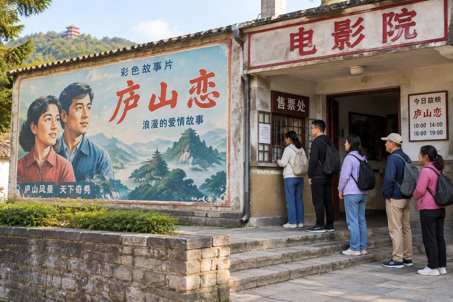 The small cinema in Guling, Mount Lu, with a hand-painted billboard for the film Romance on Lushan Mountain