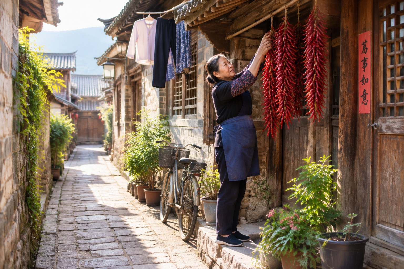 Woman hanging strings of red chili peppers under the eaves of her house in a narrow residential lane of Lijiang Old Town, Yunnan, China