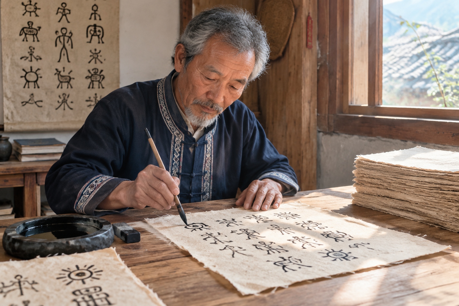 Elderly Naxi craftsman writing Dongba pictographic script in black ink on handmade paper inside a small workshop in Lijiang, China