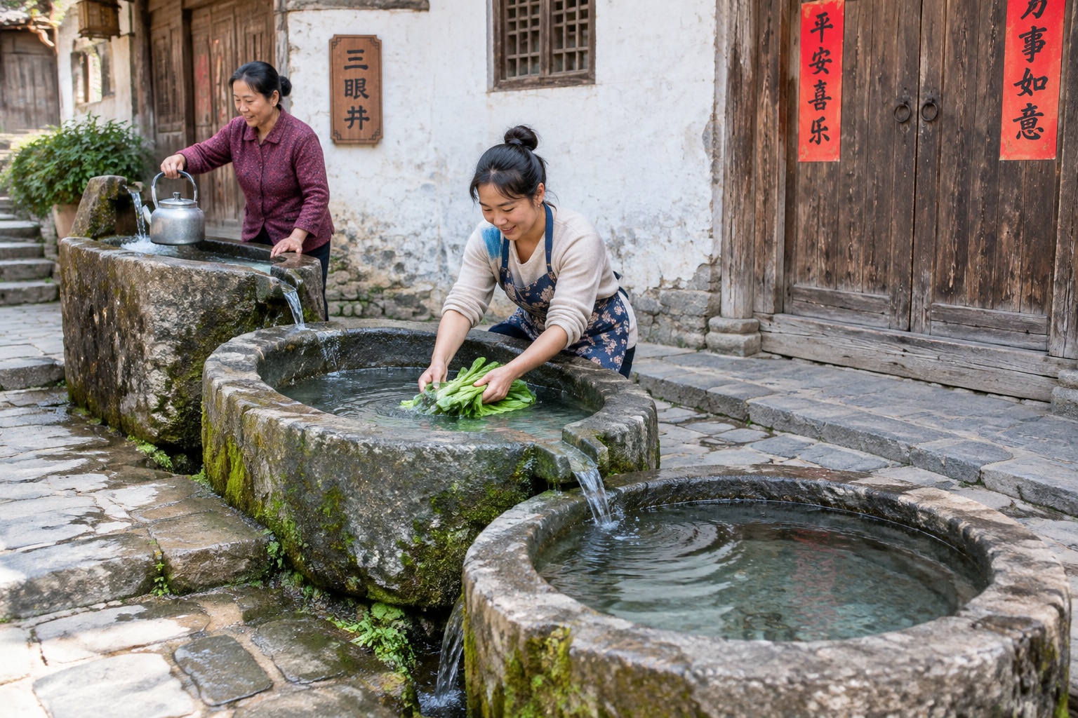 Two women using a traditional three-eyed well in Lijiang Old Town, one rinsing vegetables in the middle basin and one filling a kettle from the drinking-water basin