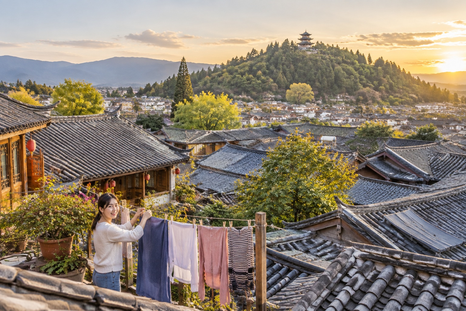 View over the tiled rooftops of Lijiang Old Town at golden hour, with laundry hanging on the houses where residents still live