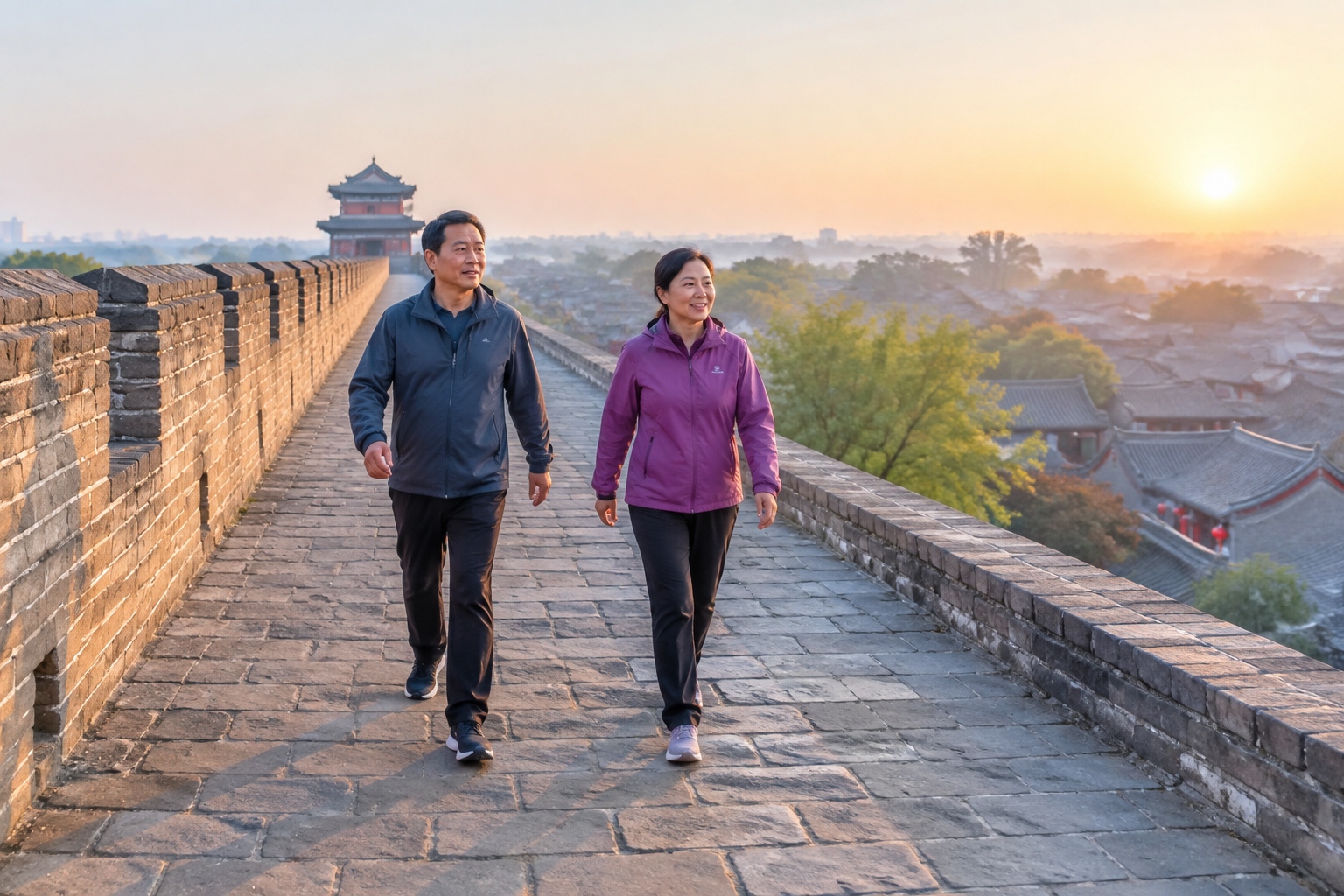 Two residents walking for exercise along the top of Pingyao's Ming dynasty city wall at sunrise, with grey brick battlements and the tiled rooftops of the old town below.