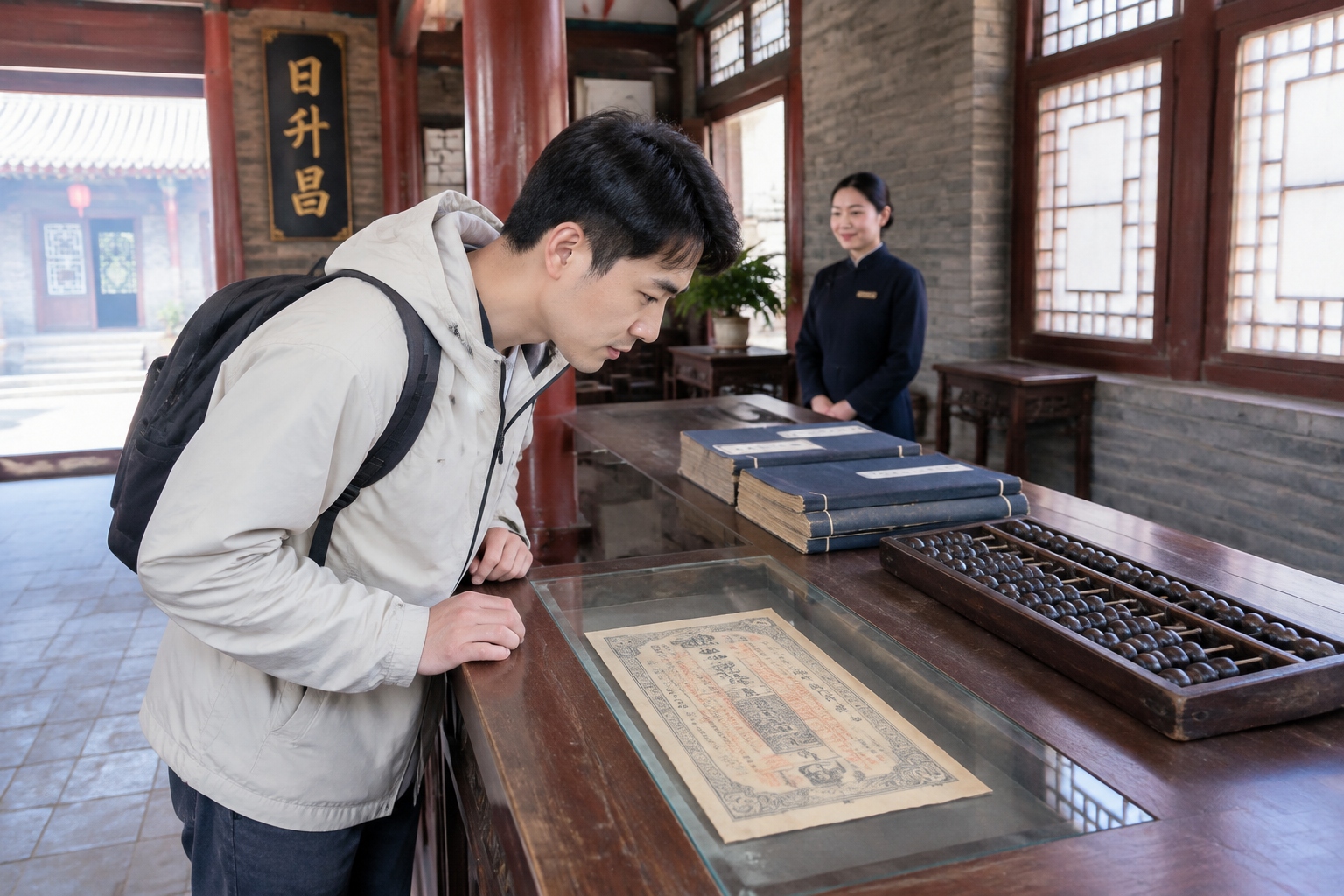 A visitor examining a replica of a 19th-century paper bank draft on a wooden counter inside the Rishengchang draft bank museum in Pingyao.