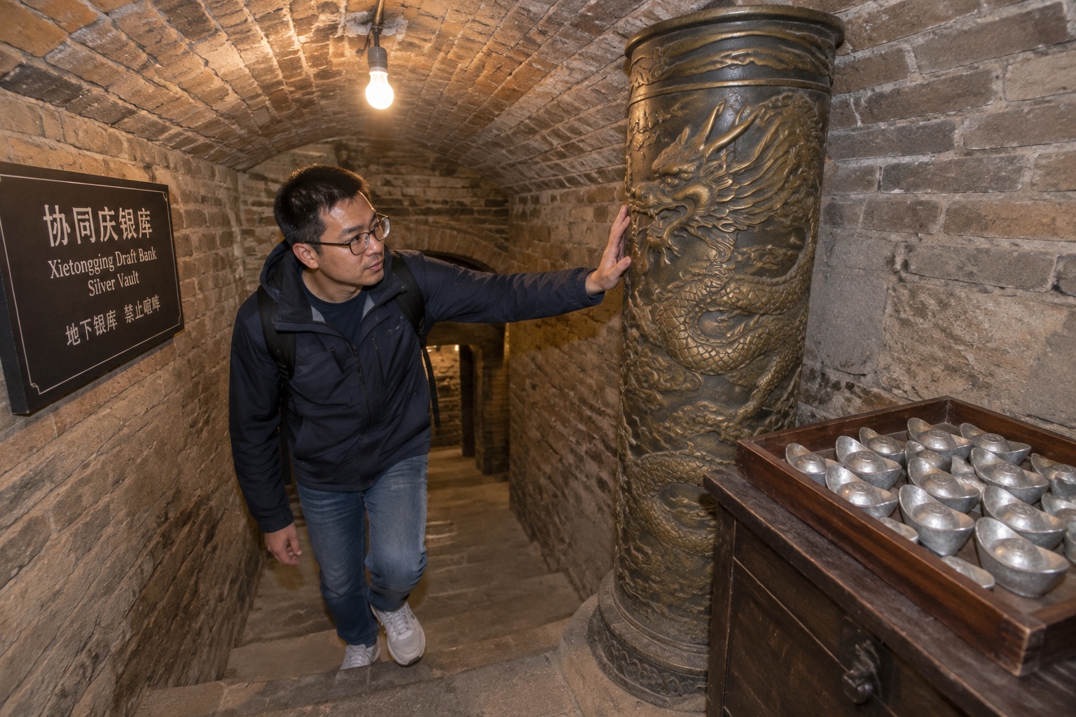 A visitor touching a dragon-carved bronze pillar inside the dim underground silver vault of the Xietongqing draft bank in Pingyao.