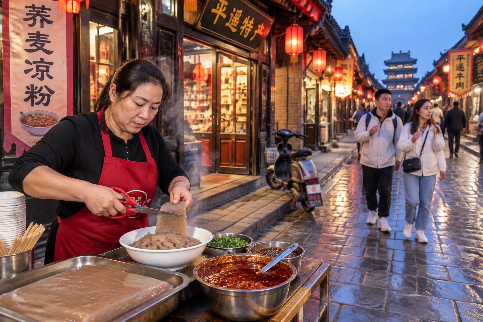 A street vendor cutting buckwheat jelly into strips with scissors at an evening food stall on South Avenue in Pingyao, with lanterns and tourists behind.