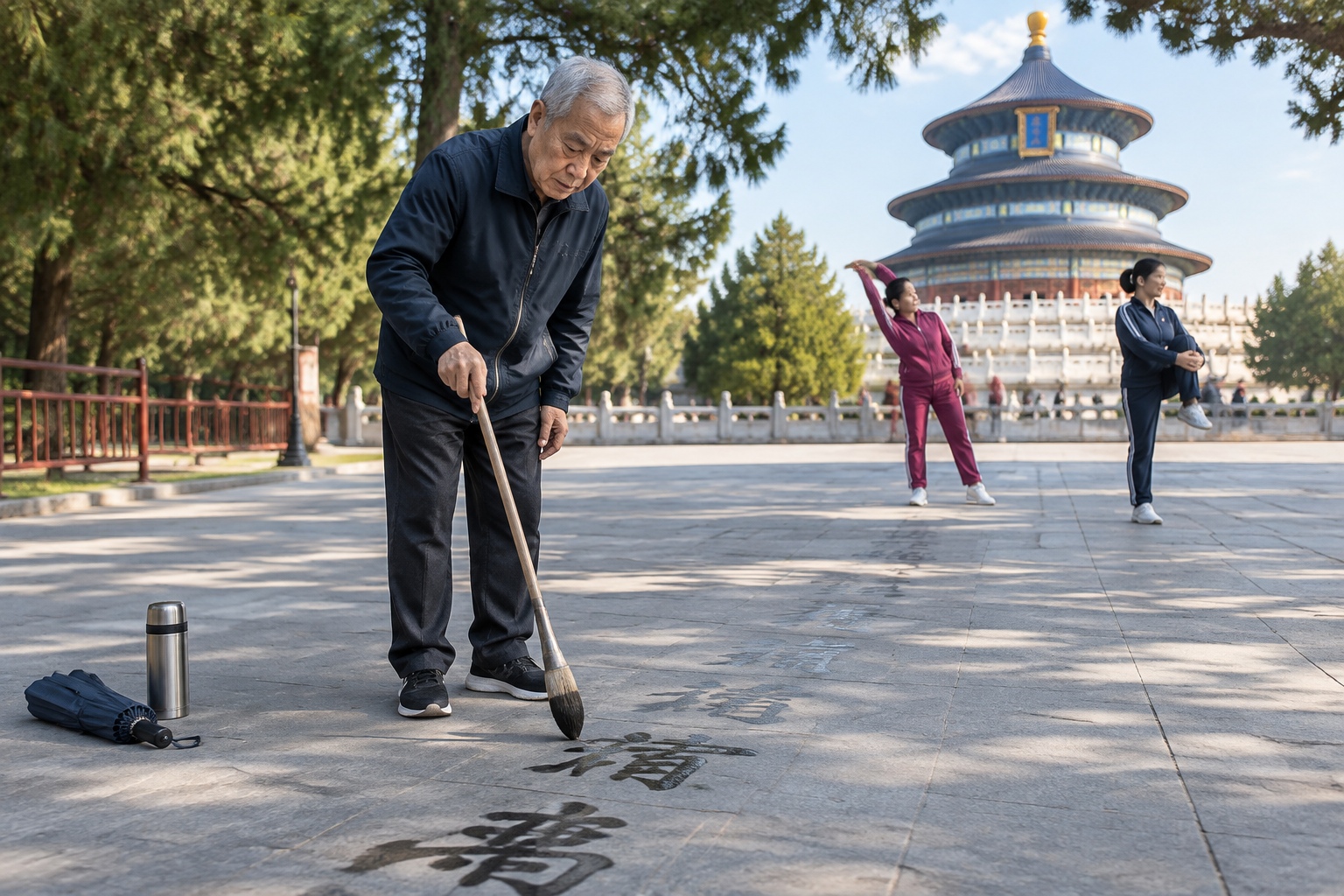 An older man writes Chinese characters in water with a long brush on a stone path in Beijing's Temple of Heaven Park while two women stretch nearby