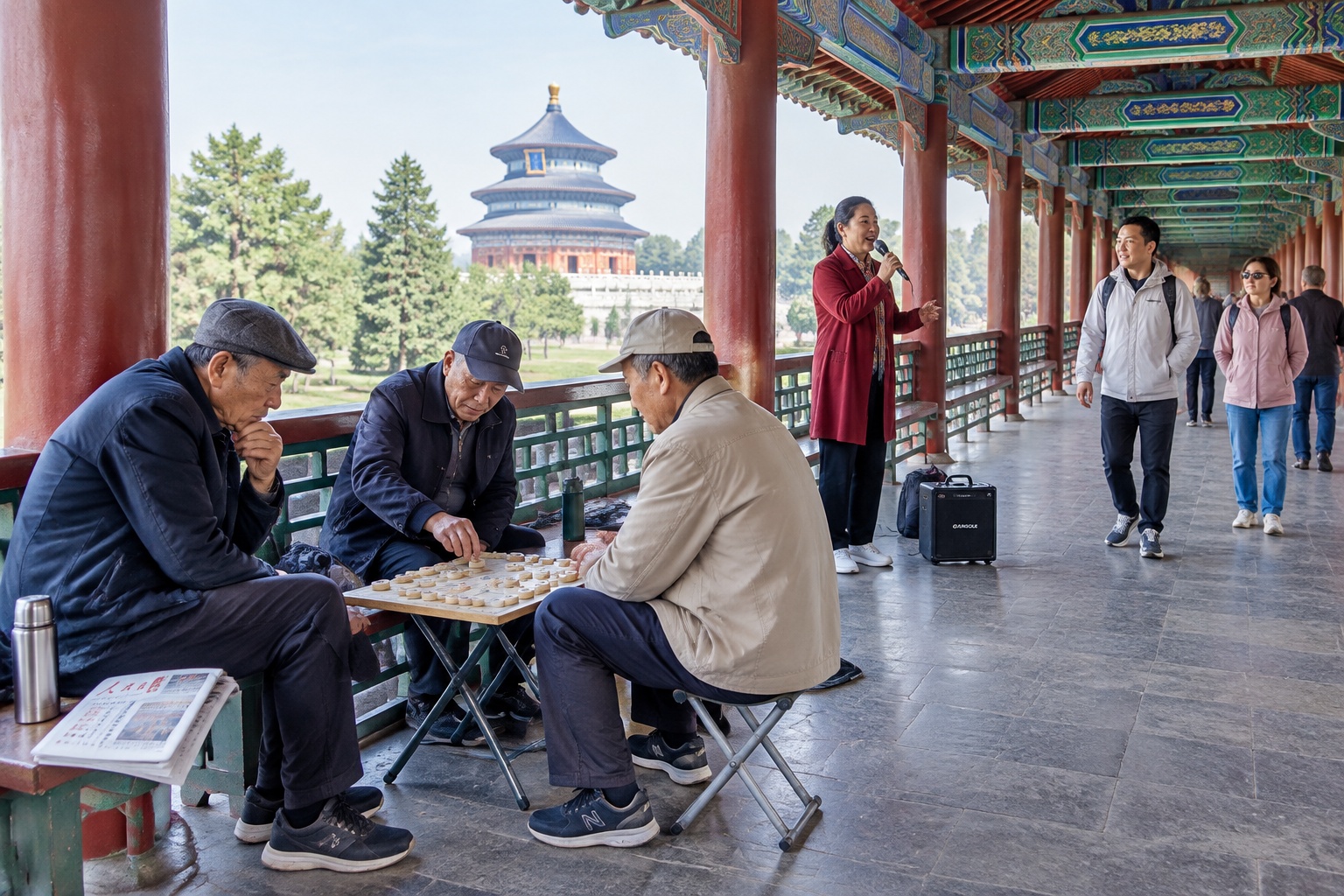 Elderly men play Chinese chess and cards along the painted railing of the Long Corridor at the Temple of Heaven in Beijing, thermoses beside them