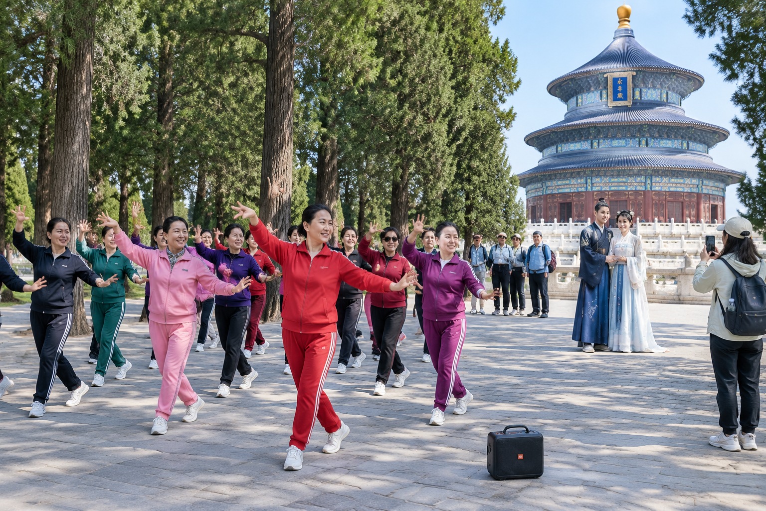 A group of older women dance to a small speaker in a cypress grove at Beijing's Temple of Heaven while a young couple in traditional hanfu poses for photos nearby