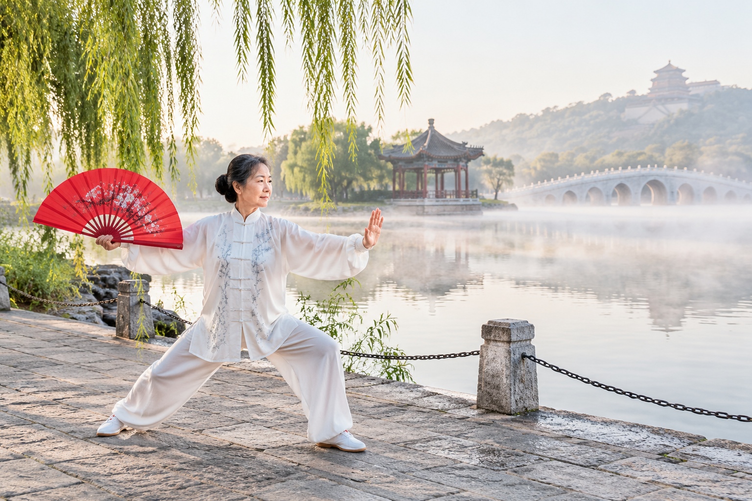 A woman practices tai chi on the West Causeway of Kunming Lake in the Summer Palace, Beijing, with mist rising from the water and willow trees framing the scene.