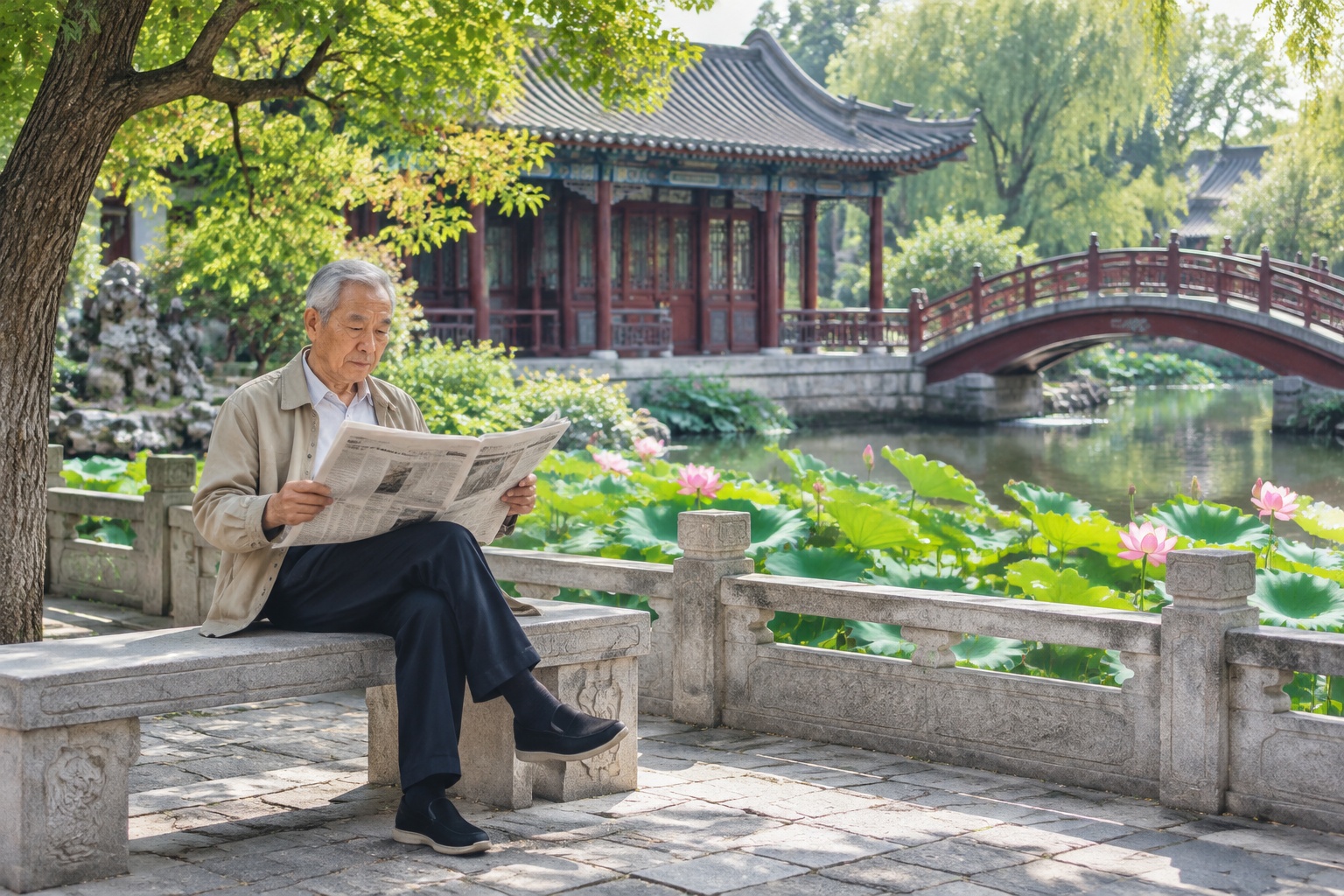 An elderly man reads a newspaper on a bench in the Garden of Harmonious Interests, a secluded garden within Beijing's Summer Palace, surrounded by lotus ponds and traditional architecture.