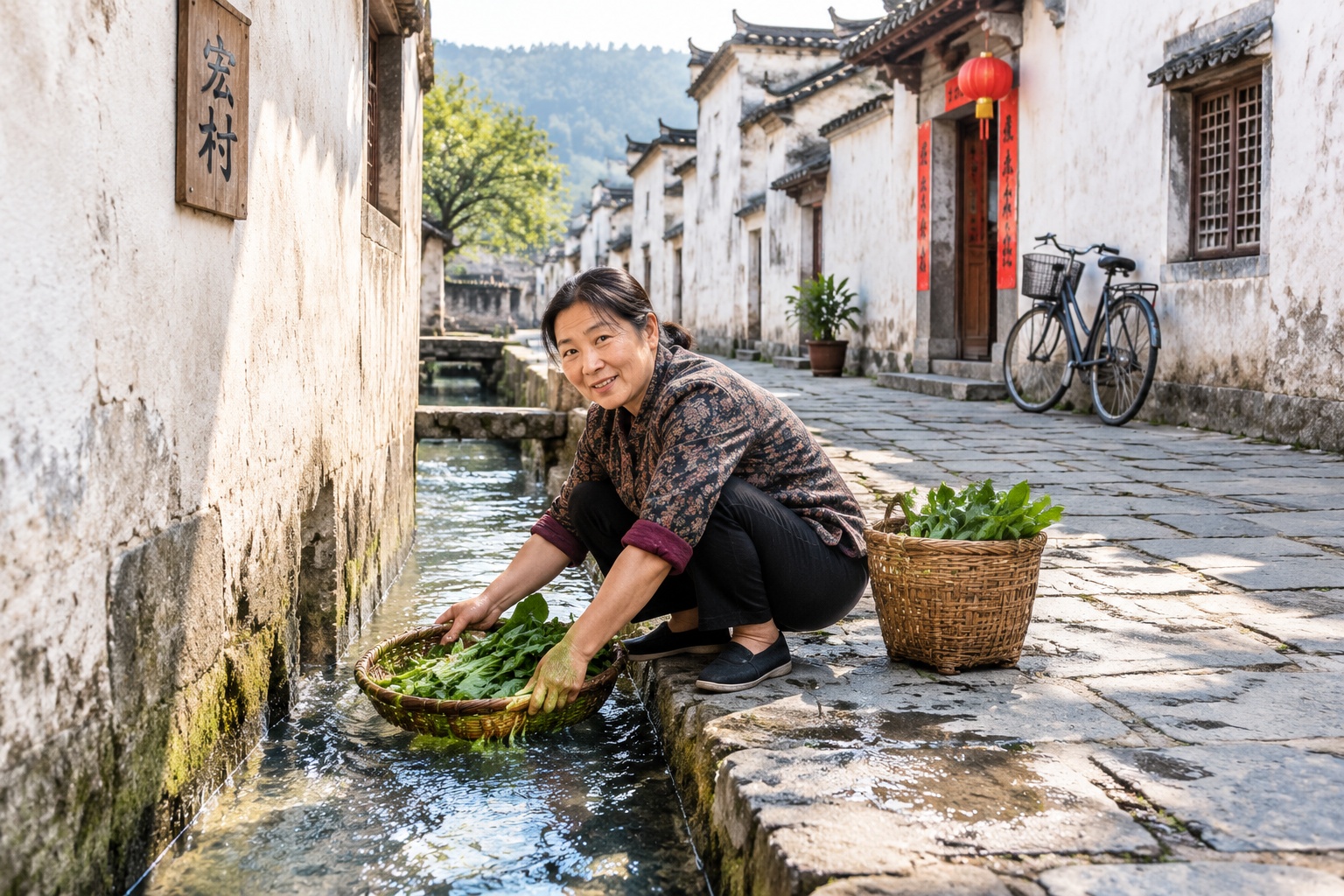A woman rinsing vegetables in the stone water channel that runs along a narrow alley in Hongcun village in the early morning