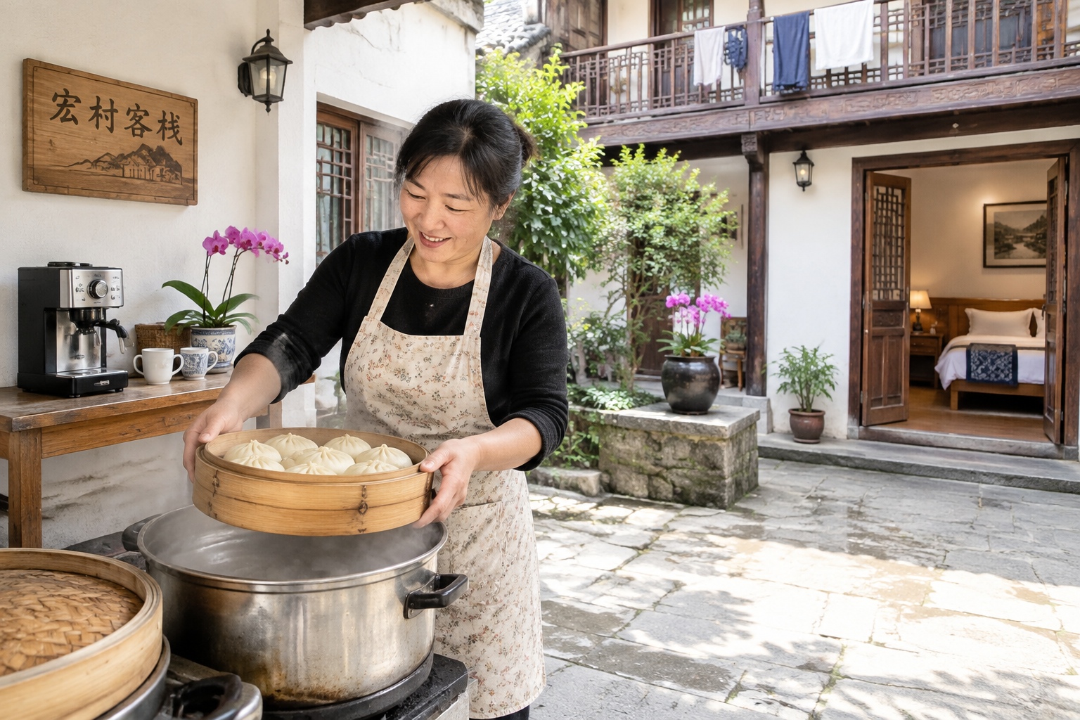 A guesthouse owner steaming breakfast buns in the courtyard of a family-run inn in Hongcun, Anhui