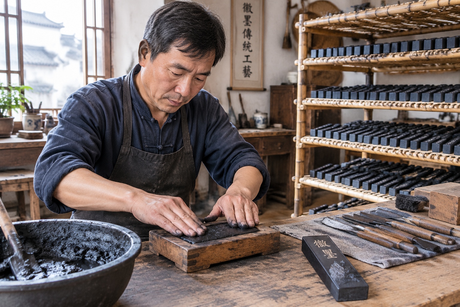 A craftsman pressing traditional Hui ink sticks by hand in a small workshop near Hongcun in Anhui province