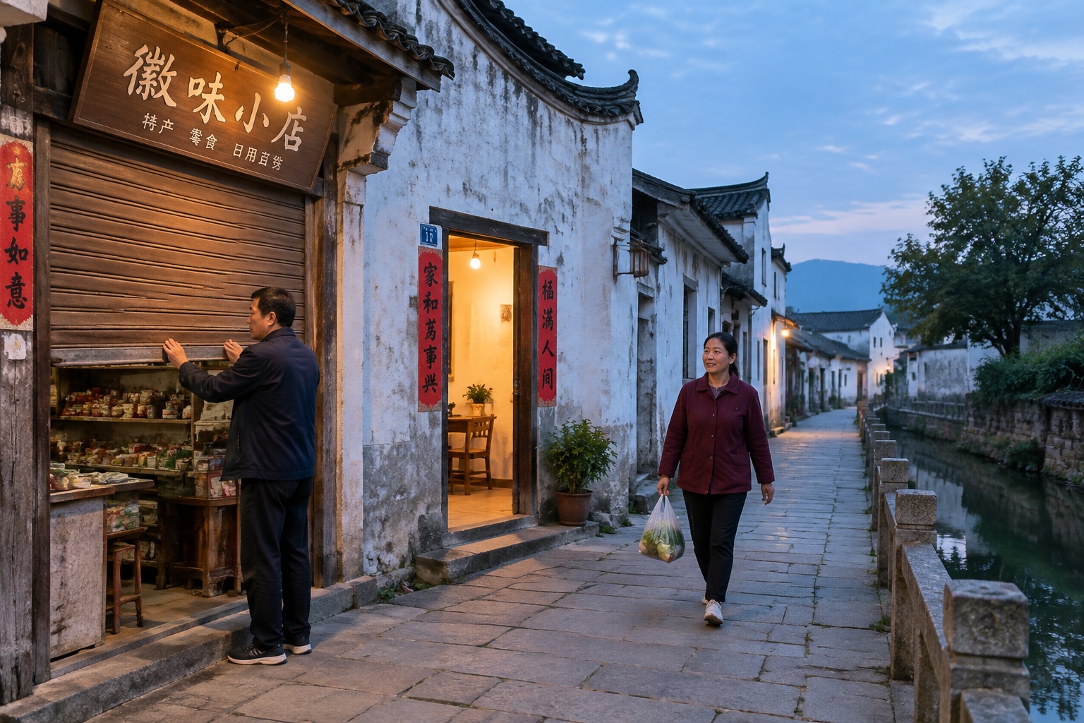 An alley in Hongcun at dusk with shopkeepers closing up and a resident heading home after the tour groups leave