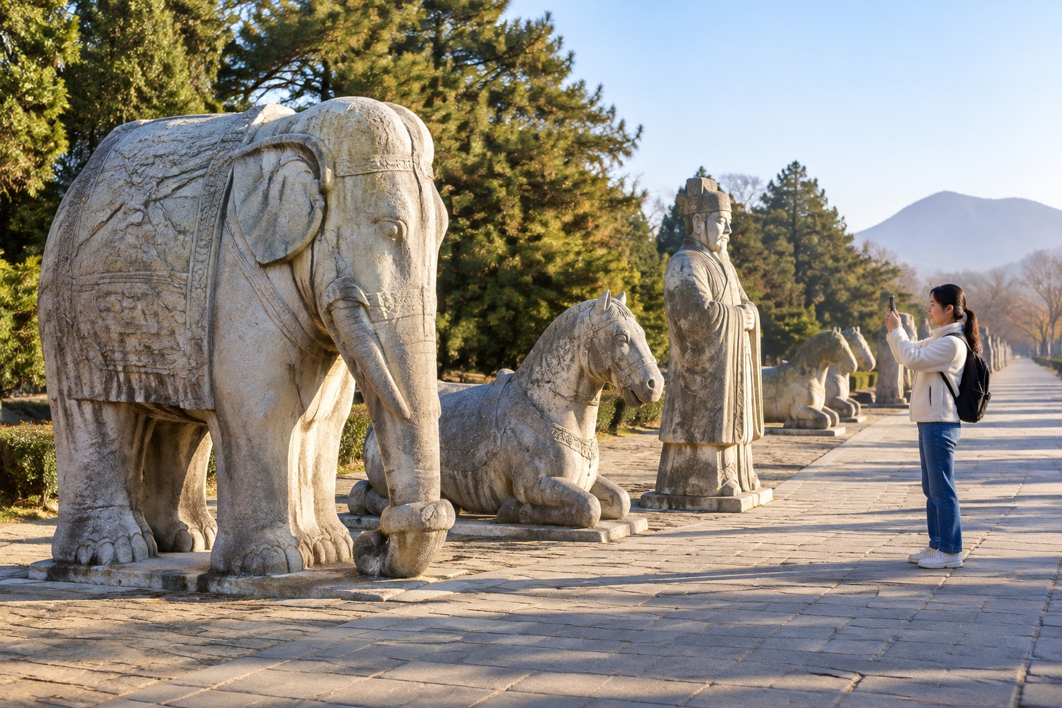 Stone elephant, kneeling horses and a robed court official lining the Sacred Way at the Ming Tombs near Beijing in early morning light.
